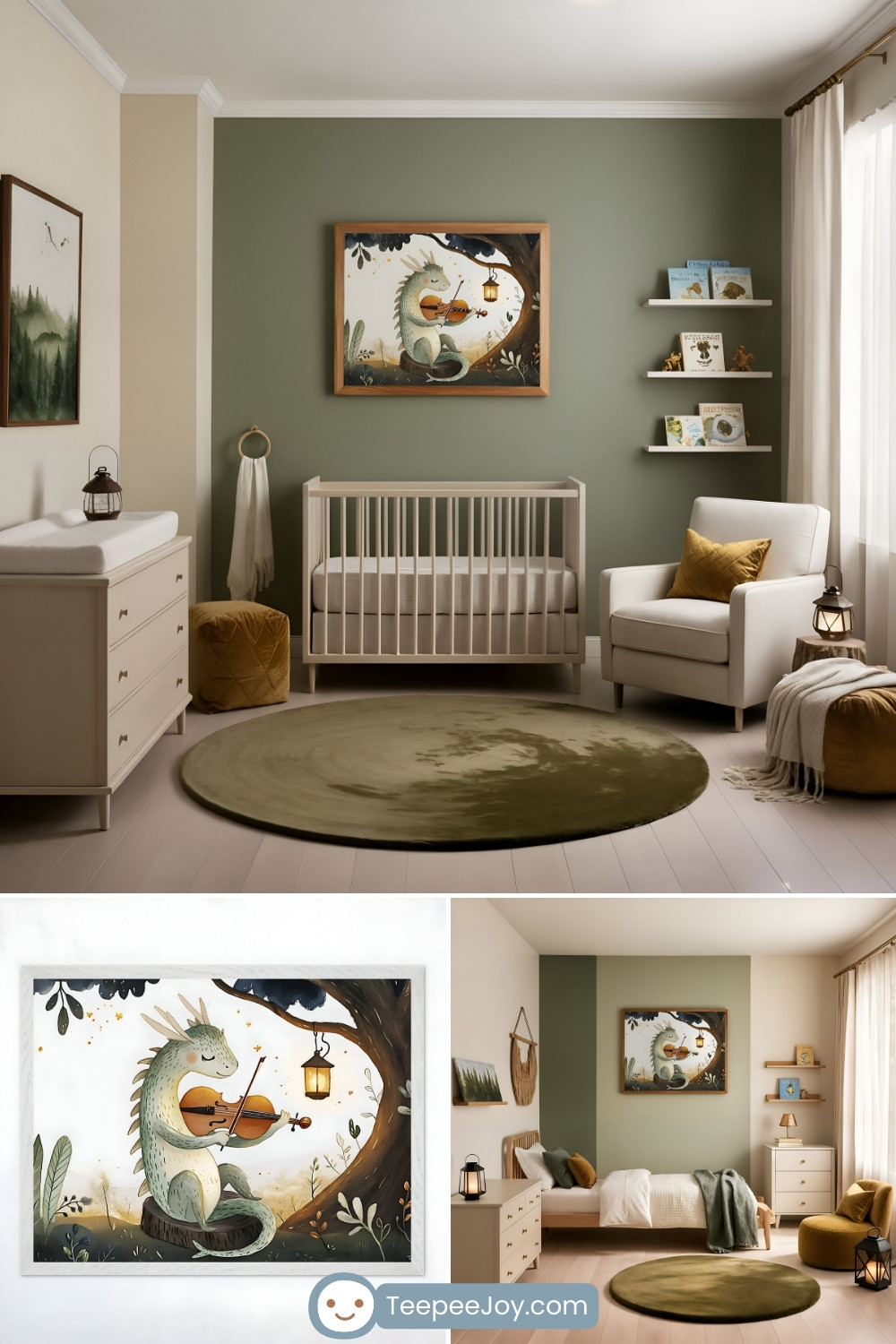Serene nursery with sage green and cream walls, featuring a framed illustration of a dragon playing a violin under a tree with a glowing lantern. The room includes a wooden crib, a green circular rug, a white armchair with a mustard yellow pillow, and floating shelves holding children's books and decor. The natural tones and whimsical dragon artwork create a peaceful and enchanting atmosphere.