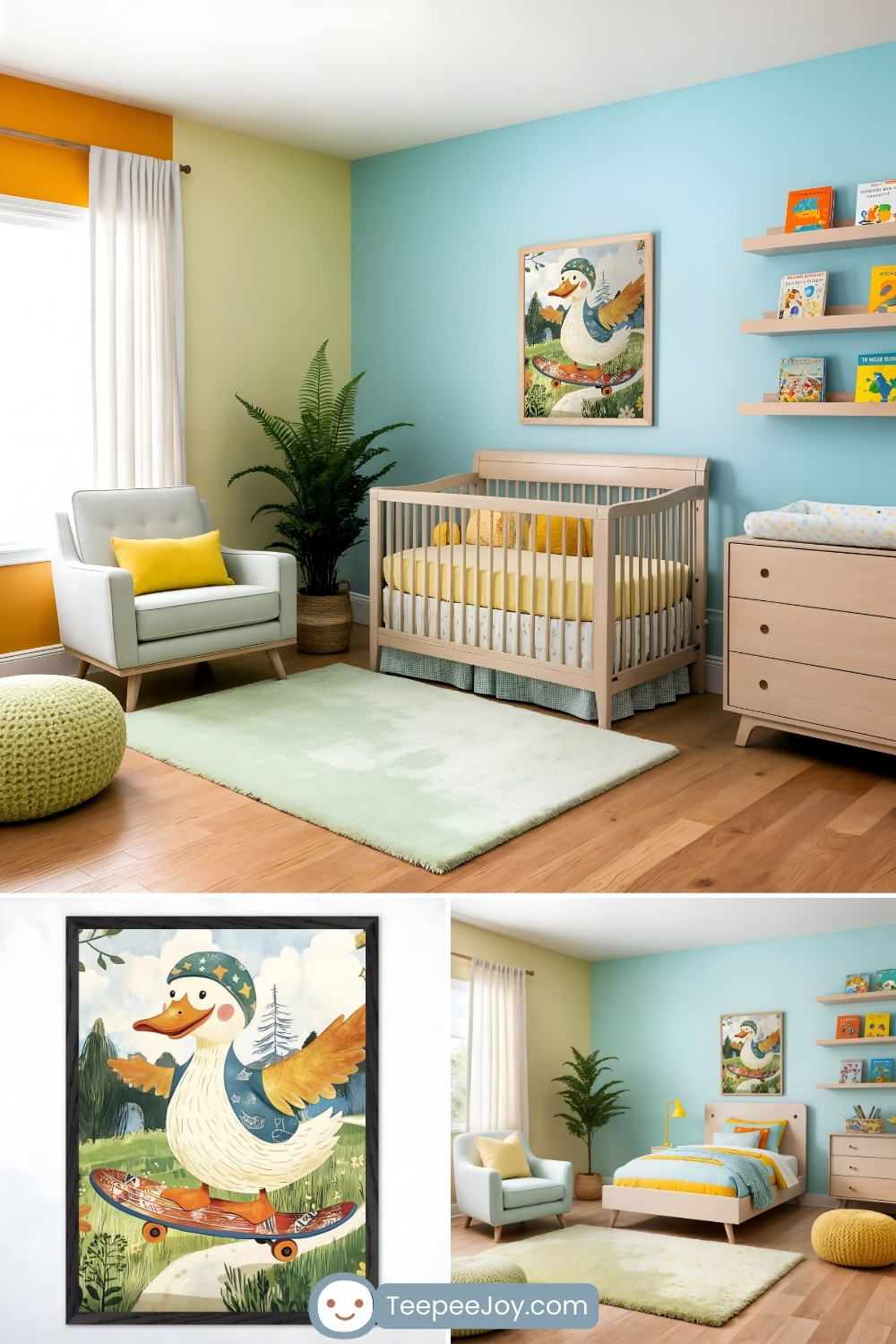 Playful duck-themed nursery with a cheerful aqua and yellow color scheme, featuring a framed painting of a duck riding a skateboard. The room includes a light wooden crib with yellow bedding, a matching dresser, and floating shelves displaying colorful children's books. A cozy armchair with a yellow pillow, a green knitted pouf, and a soft ombré green rug complete the fun and whimsical decor.