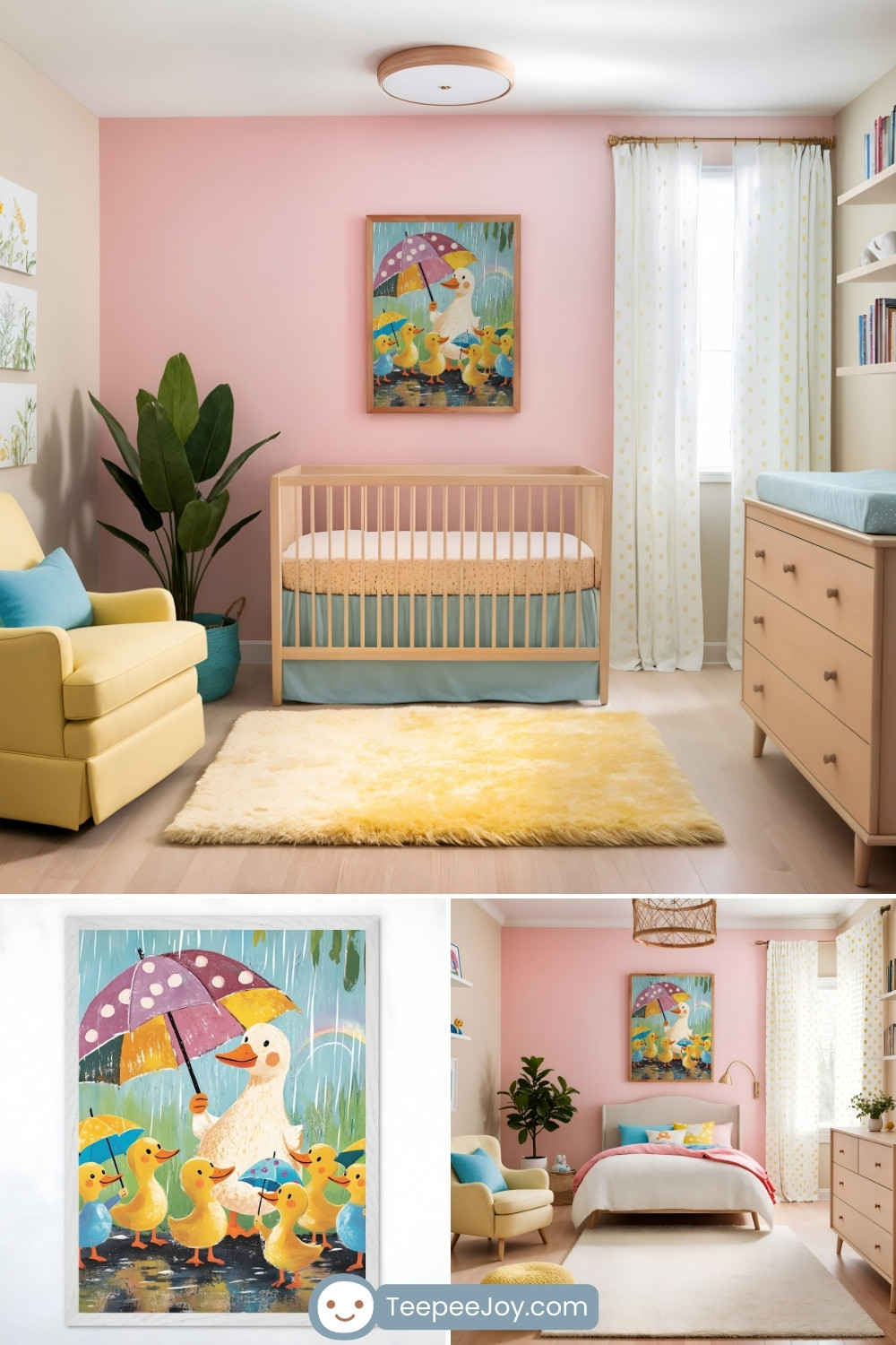 A sweet duck-themed nursery with soft pink walls featuring a whimsical painting of a mother duck and ducklings holding colorful umbrellas in the rain. The room includes a light wooden crib with pastel bedding, a yellow armchair with a blue pillow, and a fluffy yellow rug. Decor accents like potted plants, white and yellow polka-dotted curtains, and a natural wood dresser complete the cozy and cheerful space.