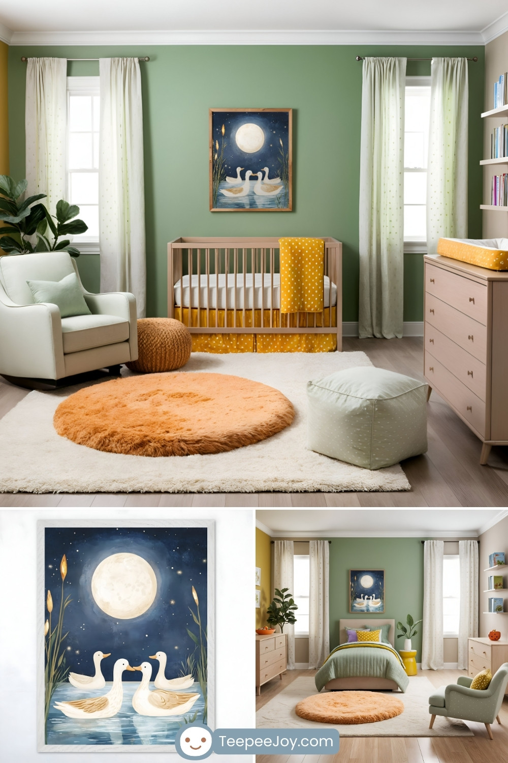 Calming duck-themed nursery with sage green walls featuring a painting of ducks swimming under a full moon. The room includes a light wooden crib with yellow polka-dotted bedding, a cozy armchair with a pastel green pillow, and a fluffy orange circular rug. Soft furnishings, potted plants, and wooden furniture create a warm and tranquil atmosphere, complemented by white curtains and a matching dresser with a changing table.