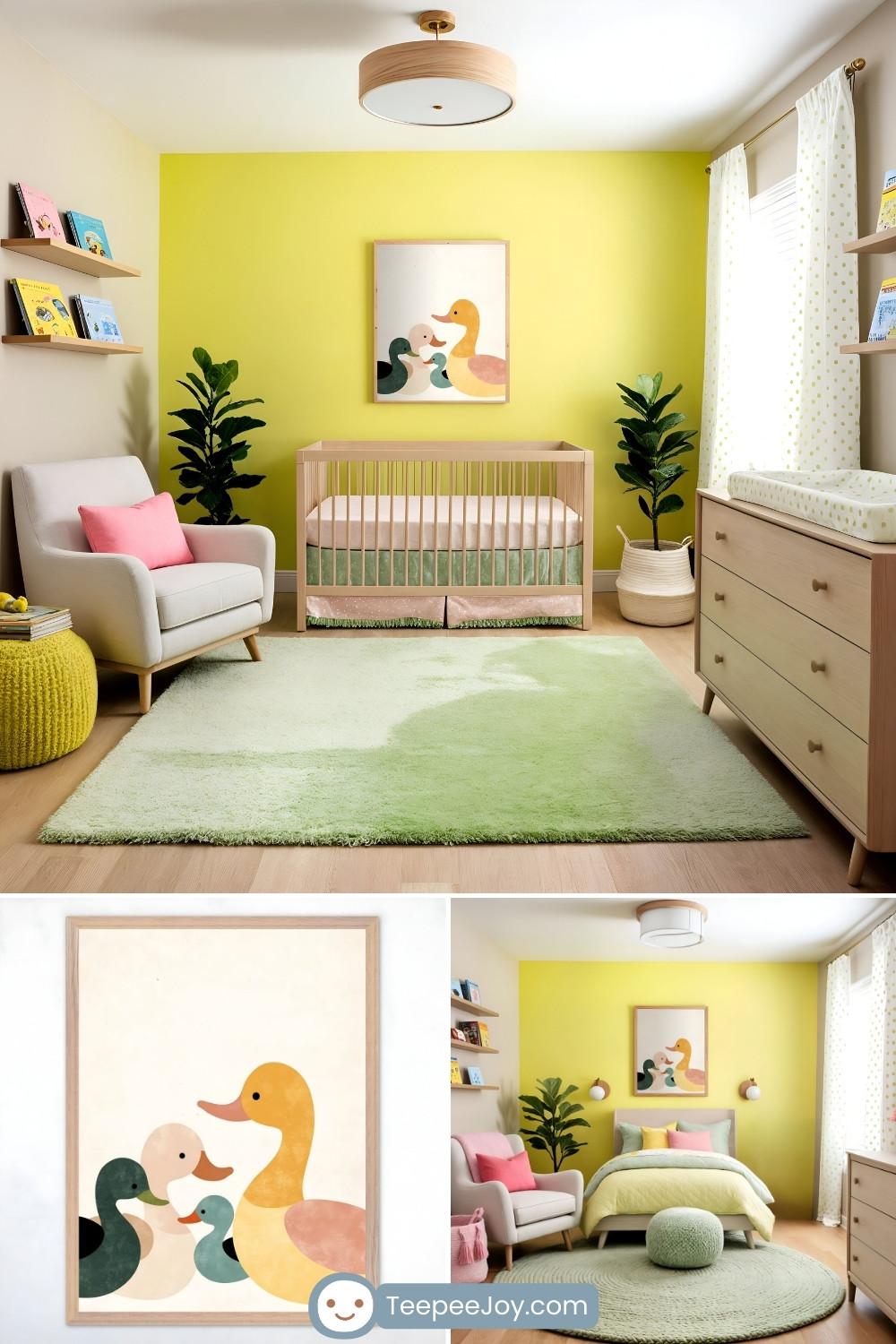 Cheerful nursery and kids' room with a duck-themed design, centered around a minimalist framed illustration of a family of colorful ducks. The room features a wooden crib, a light green rug, and natural wood furniture, including a dresser and floating shelves filled with books. Bright yellow walls, pastel accents like pink pillows, and leafy plants create a fresh and inviting atmosphere.