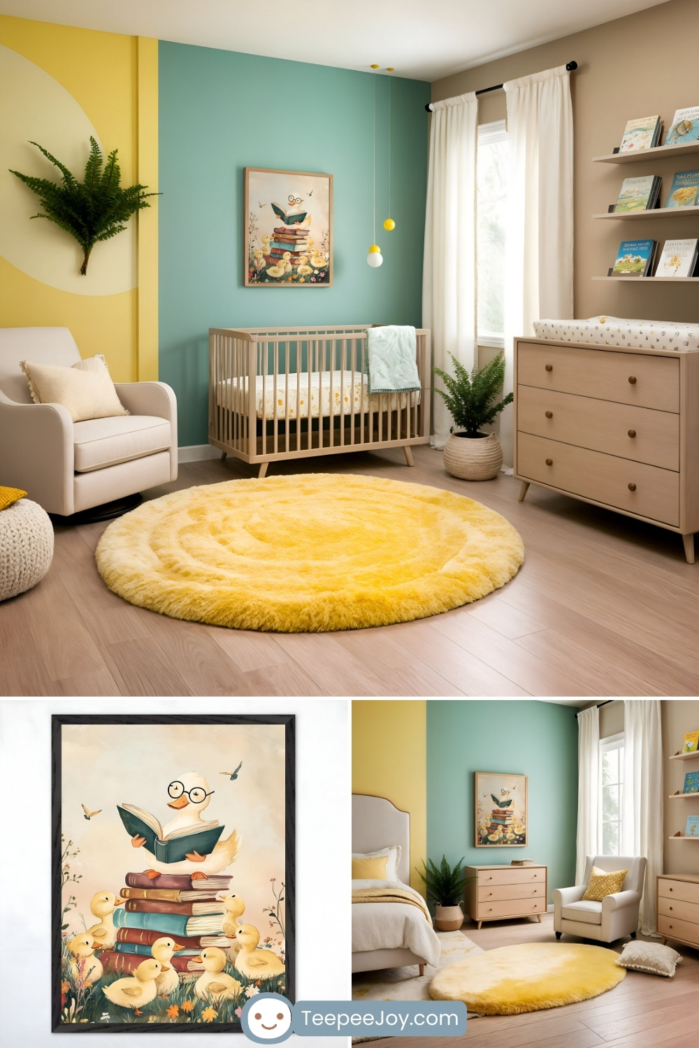 Cheerful nursery and kids' room with a duck-themed decor, featuring a framed illustration of a mother duck with glasses reading to ducklings atop a stack of books. The room includes a wooden crib, a soft yellow circular rug, and a light wood dresser. Walls are painted in a playful mix of mint green and pastel yellow, with cozy furniture like a white armchair and natural elements like potted ferns adding warmth.