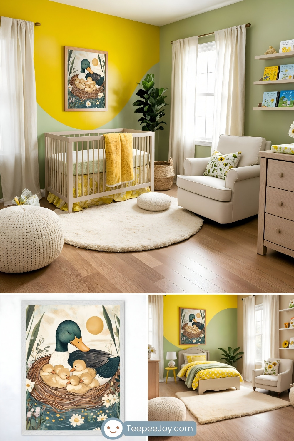A charming nursery and kids' room with a duck-themed design, featuring a framed illustration of a mother duck in a nest with ducklings surrounded by daisies. The room includes a wooden crib, a cozy white round rug, and a light wood dresser. Walls are painted in soft green and bright yellow with a curved accent, complemented by airy white curtains, potted plants, and cheerful yellow accents throughout.