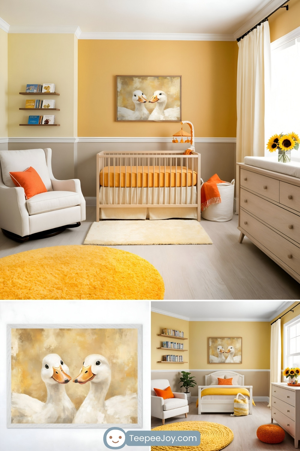 This image shows a bright and cheerful duck-themed nursery. The room features yellow and white walls with a framed painting of two ducks as the focal point. The decor includes a crib with orange bedding, a white armchair with an orange throw pillow, and shelves holding books. A sunflower vase, a round yellow rug, and orange accents throughout the room add a playful yet cozy touch.