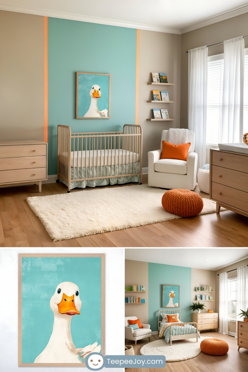 Sleek nursery and kids' room with a duck-themed design, highlighted by a framed portrait of a white duck with an orange beak against a teal background. The room features a wooden crib, a white shaggy rug, and light wood furniture, including a dresser and open shelves displaying books. Orange accents, such as a knitted pouf and throw pillows, add warmth, while the walls are painted in beige with a teal accent panel framed by thin orange stripes.