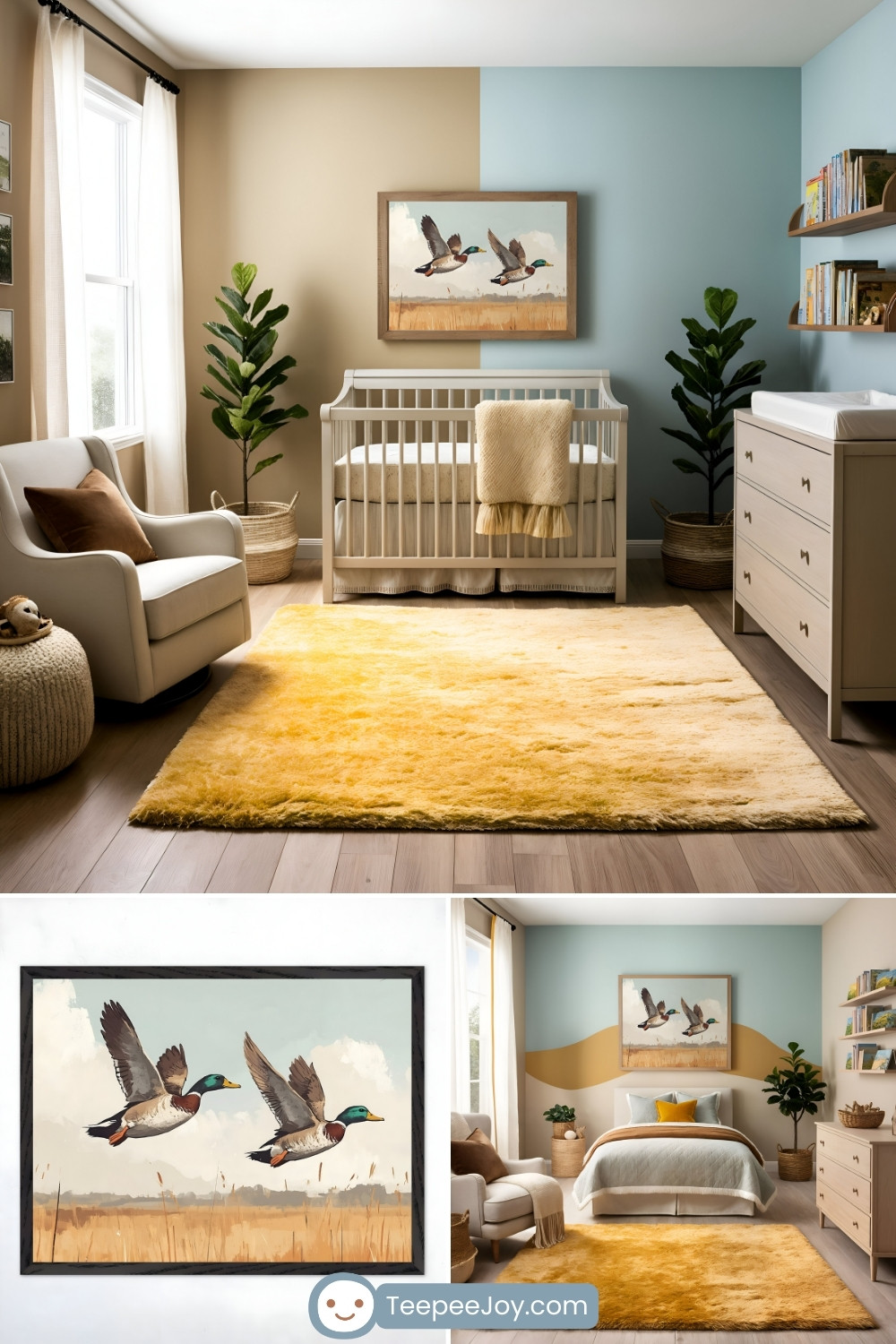 Cozy nursery and kids' room with a duck-themed design, highlighted by a framed painting of two mallard ducks flying over a golden field. The room includes a wooden crib, a soft mustard yellow rug, and neutral-toned furniture such as a dresser and armchair. The walls feature a split design with soft beige and light blue hues, accented by potted plants and a natural, outdoor-inspired aesthetic.