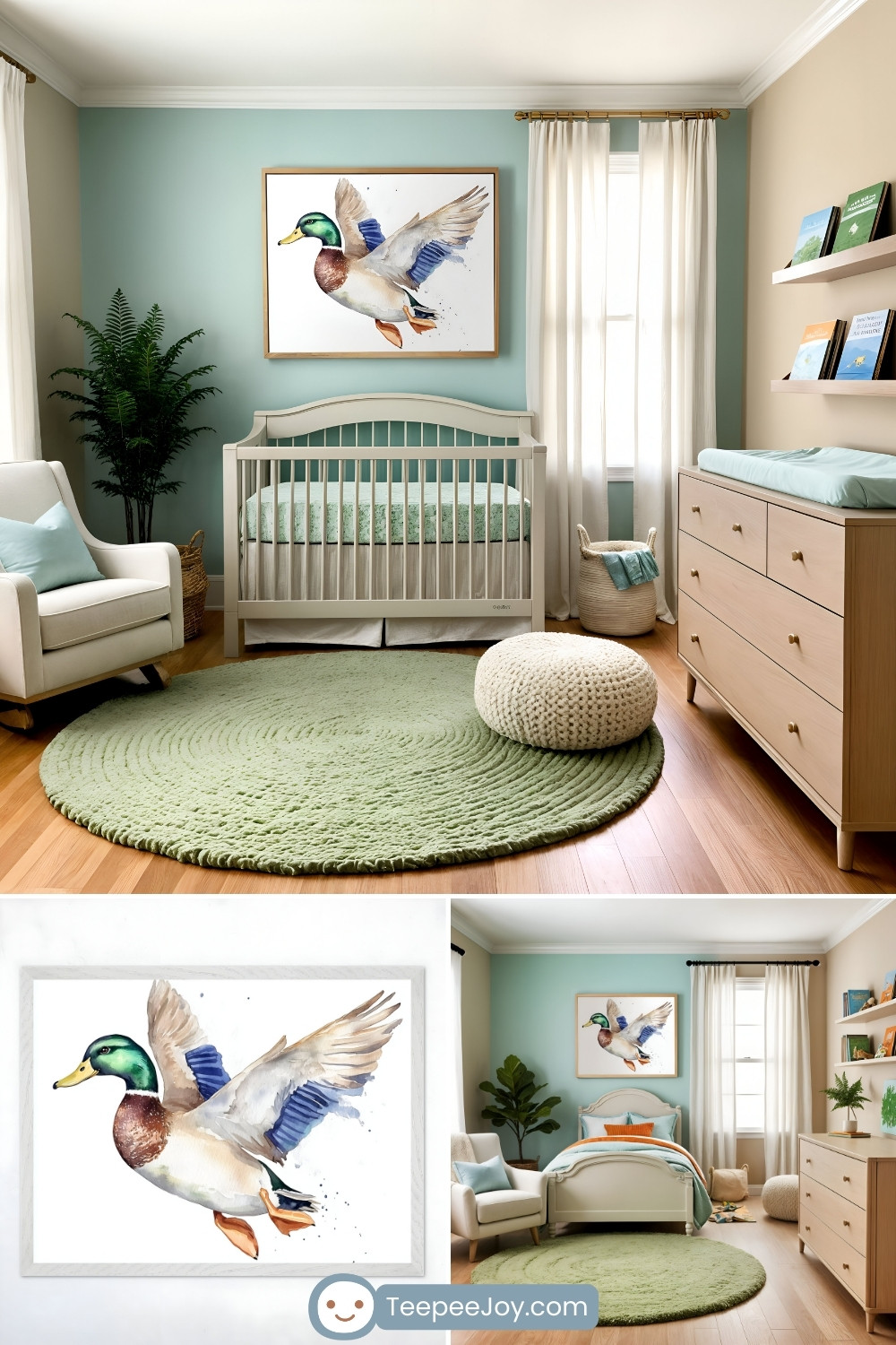 Serene nursery and kids' room with a duck-themed decor, centered around a framed watercolor illustration of a flying mallard duck. The room features a white crib, a sage green circular rug, and natural wood furniture, including a dresser and open shelving with books. Soft pastel tones on the walls, cozy textiles, and accents of greenery create a calm and welcoming atmosphere.