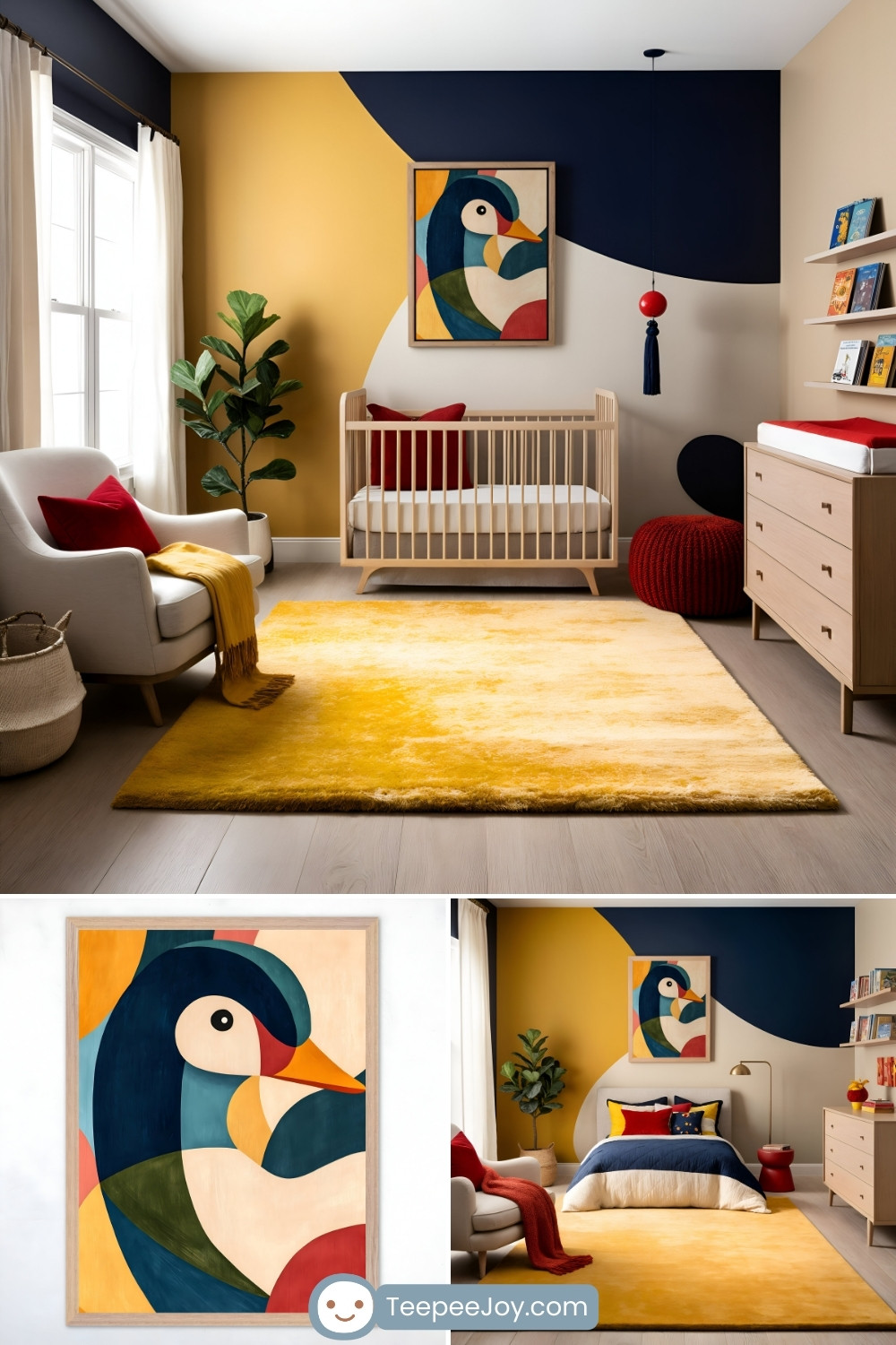 Modern nursery and kids' bedroom featuring a duck-themed design with a bold, colorful abstract painting of a duck as the centerpiece. The room includes a wooden crib, a mustard yellow rug, a white armchair with red and yellow accent pillows, and a natural wood dresser. The walls are painted in a striking combination of navy, mustard yellow, and white geometric shapes, creating a playful and vibrant atmosphere.