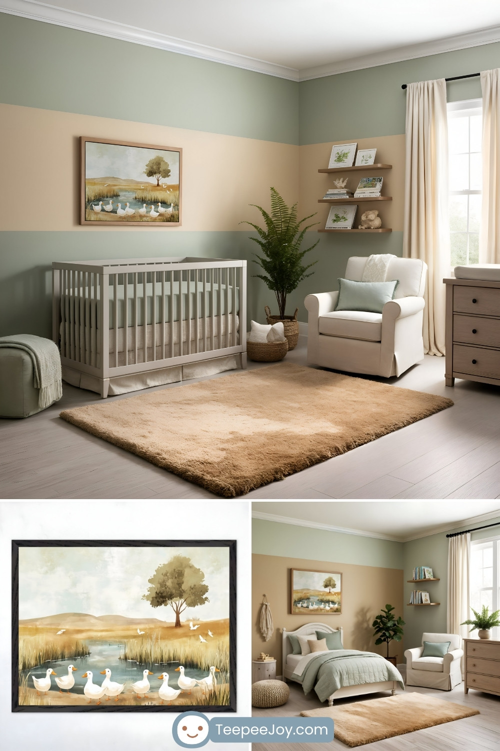 A serene duck-themed nursery featuring soft green and beige walls, a white crib, and a cozy armchair. A large framed painting of ducks by a pond hangs above the crib, complementing the natural decor. The room includes wooden furniture, a plush beige rug, potted plants, and minimalist shelves adorned with books and decor items, creating a calm and inviting space.