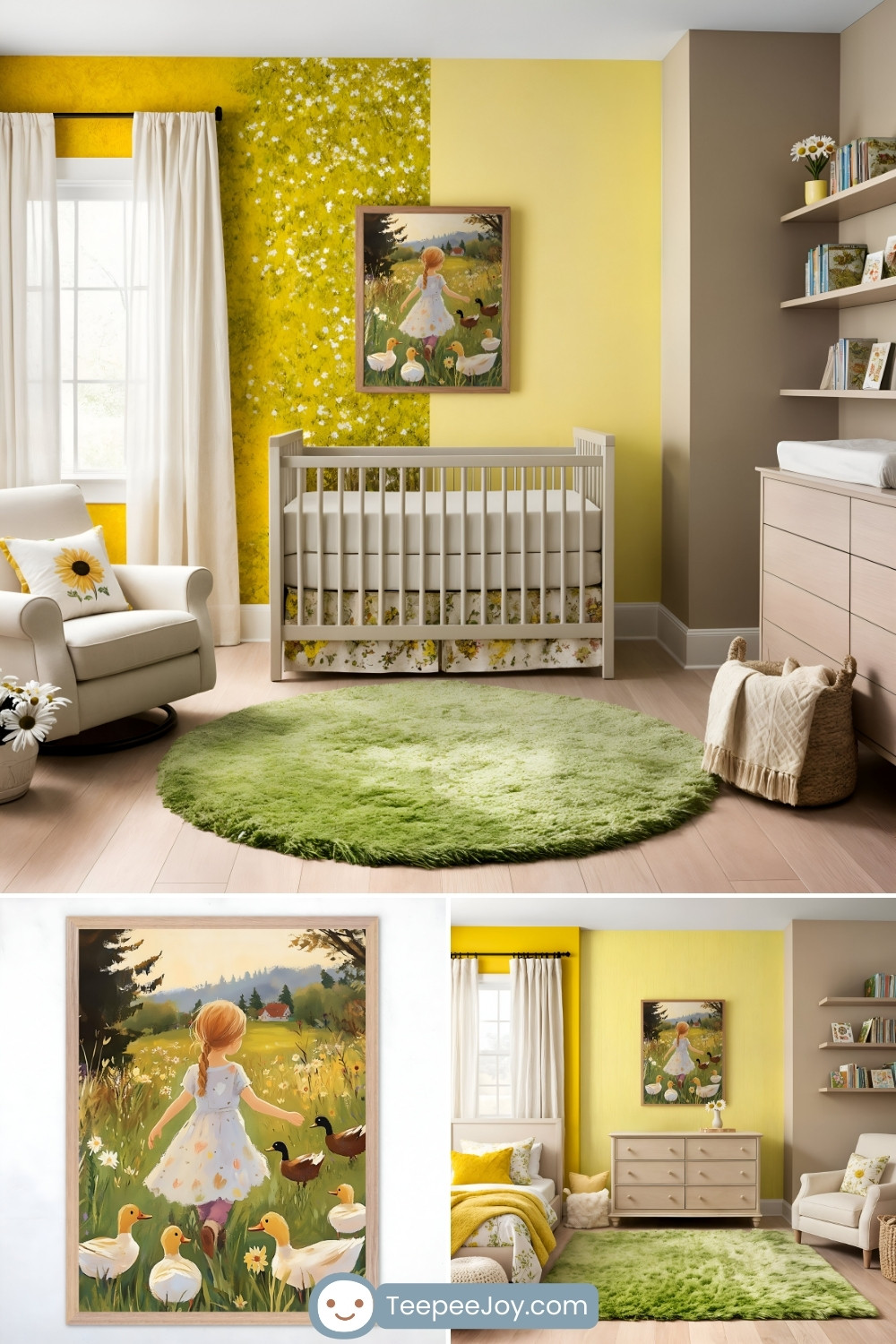 Cheerful, duck-themed nursery with a vibrant yellow and floral accent wall featuring a framed painting of a child in a meadow with ducks. The room includes a white crib with floral bedding, a cozy armchair with a sunflower pillow, and a soft green circular rug. Wooden furniture, floating shelves with books, and decor pieces like daisies and woven baskets complete the playful and sunny design.