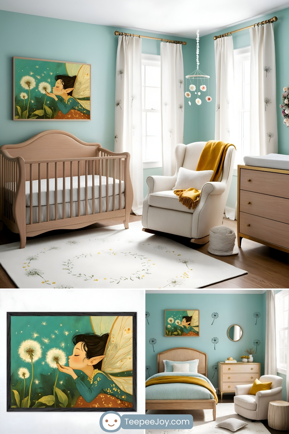 Cheerful fairy-themed nursery featuring soft teal walls and natural wood furniture, including a crib, a rocking chair, and a dresser with brass accents. The room is adorned with dandelion-inspired decor, including an illustration of a fairy blowing dandelion seeds, white curtains with dandelion prints, and a floral mobile. A cozy white rug with yellow floral accents and a warm mustard throw blanket add softness and warmth, while natural light fills the space.