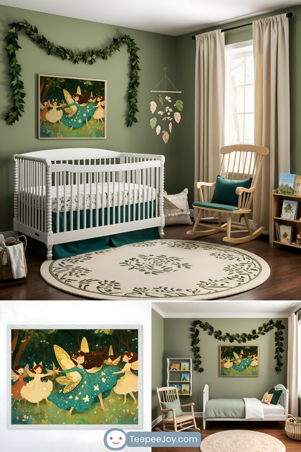 Nature-inspired fairy-themed nursery with sage green walls, a white spindle crib, and a cozy wooden rocking chair. The decor features leafy garlands, a circular rug with green foliage patterns, and an illustration of fairies dancing in a magical forest. Natural wood accents, a hanging mobile with fabric leaves, and a soft green bedding set add to the organic, whimsical feel. Light streams in through cream curtains, creating a serene and inviting atmosphere.