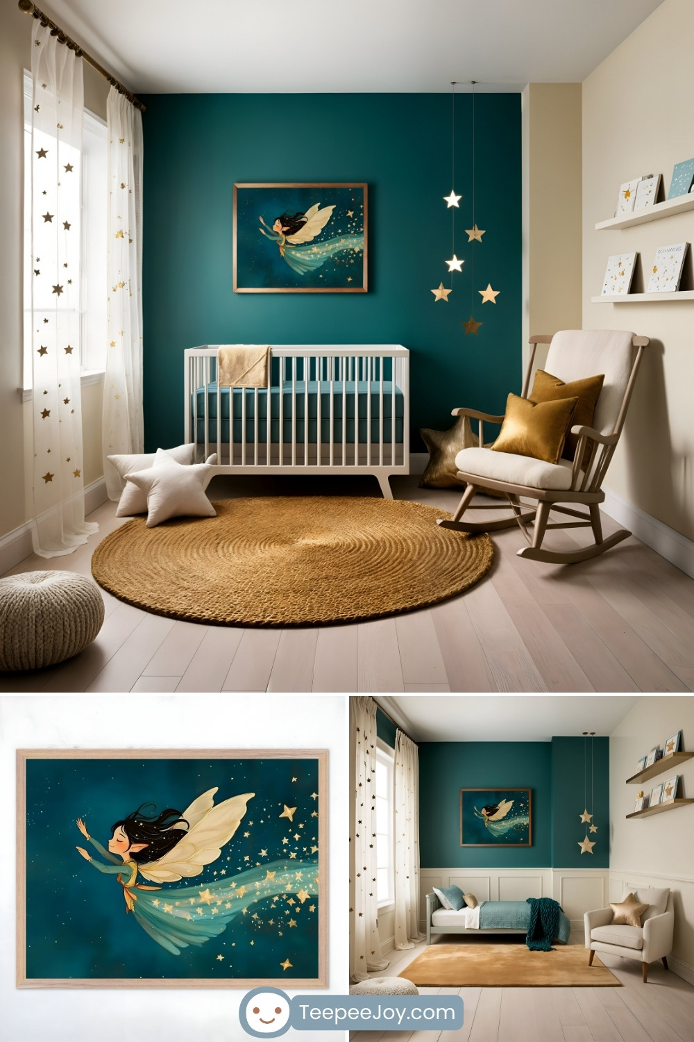 Whimsical nursery featuring a teal accent wall adorned with a framed artwork of a fairy surrounded by stars. The room includes a white crib with teal bedding, a cozy beige rocking chair with golden accent pillows, and star-shaped hanging decor. The space is brightened by sheer curtains with gold star details and a round woven rug, creating a magical and serene ambiance.
