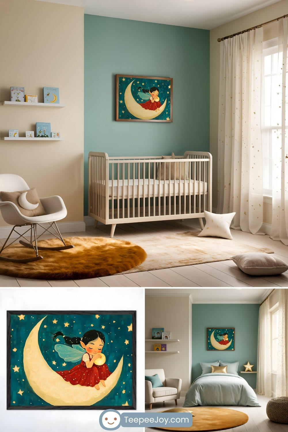A dreamy nursery with a soft teal accent wall featuring a framed artwork of a fairy in a red dress sitting on a crescent moon, surrounded by stars. The room includes a cream-colored crib with neutral bedding, a modern rocking chair with cozy pillows, and a plush golden rug. Sheer curtains with gold star accents let in natural light, completing the serene and magical atmosphere.