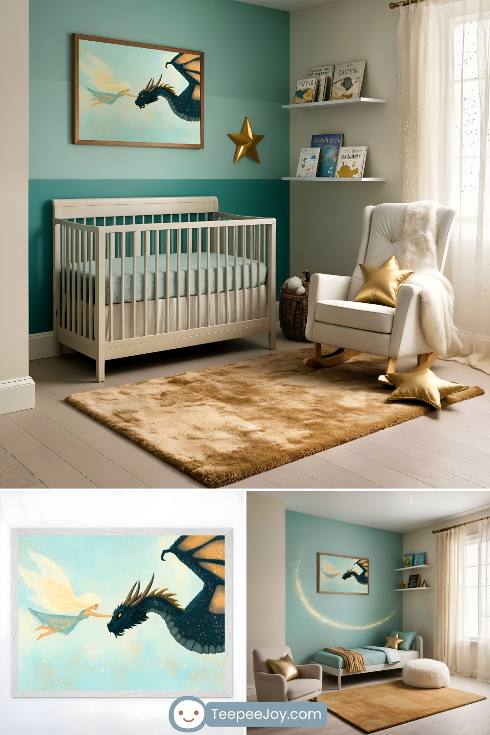 Fantasy-inspired nursery with a teal and cream color scheme, featuring a framed artwork of a fairy reaching out to a dragon, surrounded by soft sparkles. The room includes a cream-colored crib with light blue bedding, a plush beige rug, and a white rocking chair adorned with golden star pillows. Sheer curtains and floating shelves with children's books add a cozy and magical touch to the space.