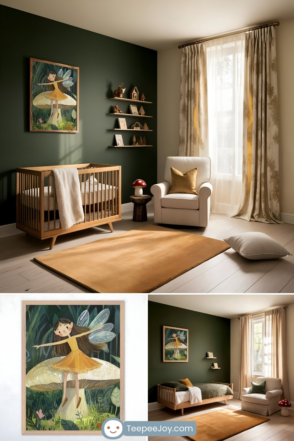 Woodland-themed nursery with a dark green accent wall showcasing a framed artwork of a fairy in a golden dress dancing on a mushroom surrounded by lush foliage. The room features a natural wood crib, a beige rocking chair with a golden pillow, and a soft mustard-colored rug. Shelves decorated with miniature woodland-inspired ornaments and sheer curtains with golden accents complete the cozy, enchanted forest ambiance.