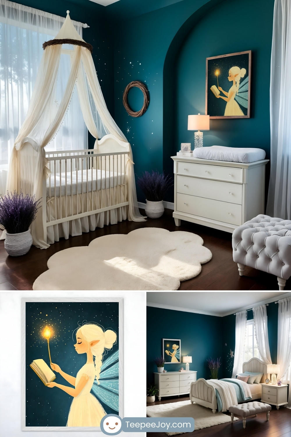 Whimsical fairy-themed nursery and bedroom featuring teal walls and white furniture, including a crib with a sheer canopy and a dresser with a changing pad. A dreamy illustration of a blonde fairy holding a glowing wand and an open book adorns the wall, adding magic to the space. The room is accented with lavender plants, a cloud-shaped rug, and soft natural light streaming through white curtains.