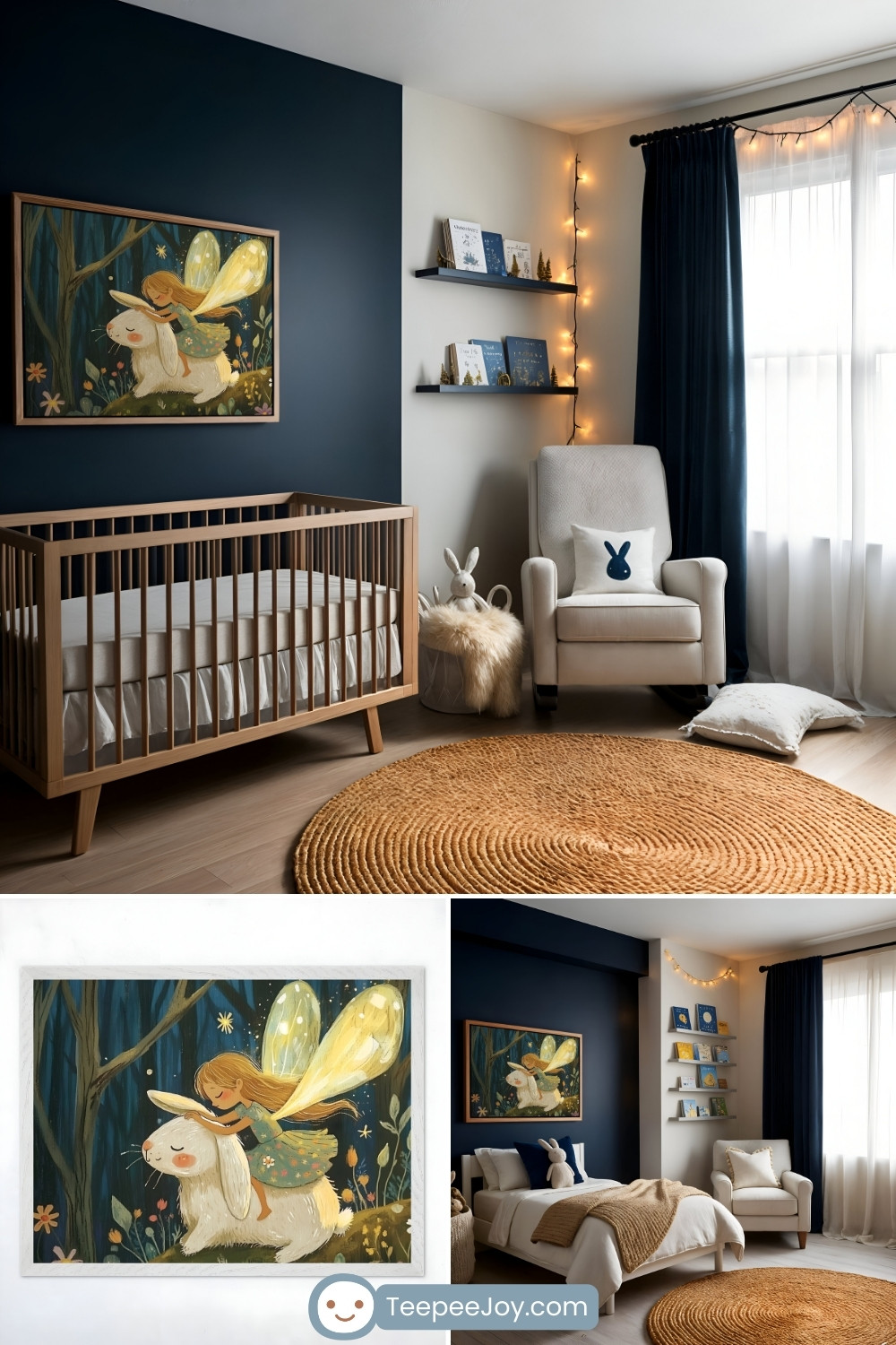 Magical nursery with a dark blue accent wall showcasing a framed artwork of a fairy with glowing wings riding a fluffy white rabbit in an enchanted forest. The room includes a natural wood crib, a cozy white armchair with a bunny-themed pillow, and a woven circular rug. Warm fairy lights, floating bookshelves with children's books, and dark blue curtains create a whimsical and cozy atmosphere.