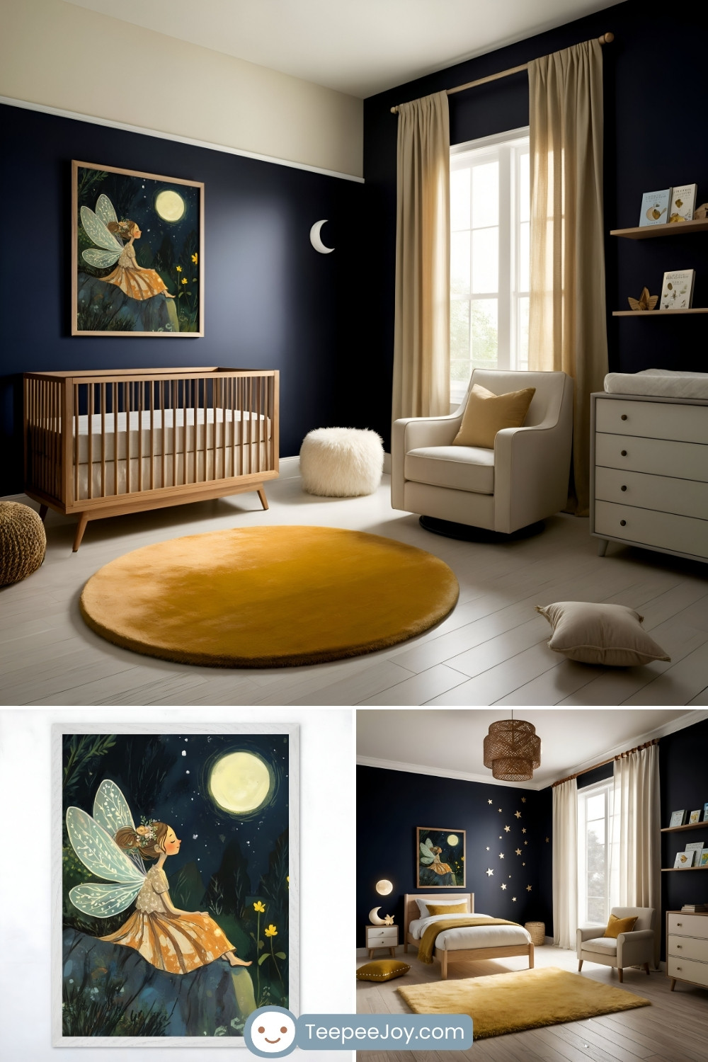 Cozy nursery and children's bedroom featuring a magical fairy theme. The room has dark navy walls, beige curtains, and light wood furniture, including a crib and a dresser. A framed artwork of a fairy sitting under the moon hangs on the wall, complemented by moon and star-themed decor. The golden yellow rug and accents add warmth to the space, creating a whimsical yet elegant design.