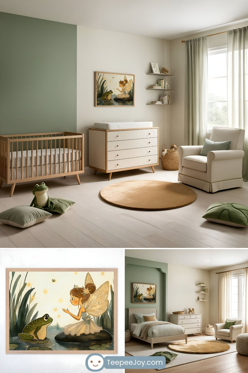 Serene nursery and children's bedroom with a woodland fairy theme. The room features soft green and cream tones, wooden furniture, and a whimsical framed artwork of a fairy interacting with a frog by a pond. Light green curtains, a golden round rug, and frog-shaped cushions add playful, nature-inspired accents to the calm and inviting design.