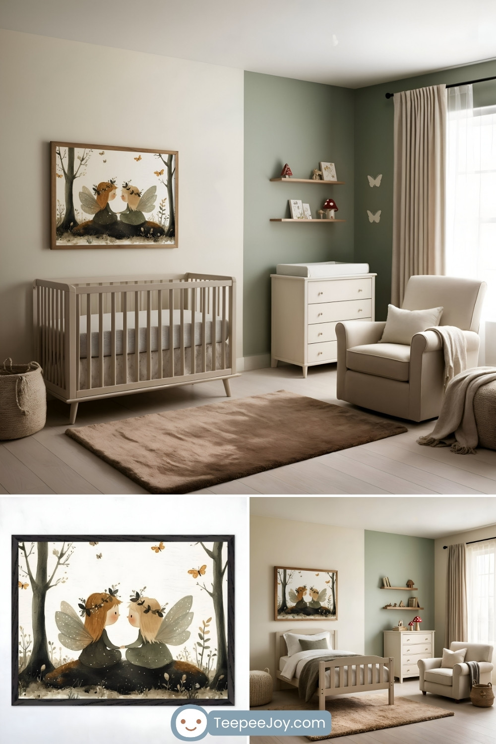 Charming nursery and children's bedroom with a soft woodland fairy theme. The room features muted green and cream walls, beige curtains, and light wooden furniture, including a crib and dresser. A framed artwork of two fairies sitting together in a forest is the centerpiece, complemented by butterfly wall decor and whimsical accents like a mushroom figurine and natural textures, creating a cozy and magical atmosphere.