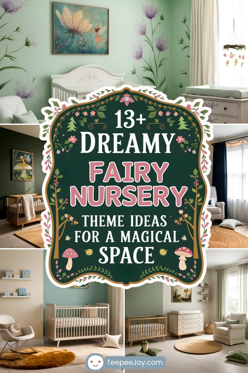Collage of fairy-themed nursery designs featuring soft pastel colors, whimsical decor, and cozy furniture. The centerpiece includes a decorative sign reading '13+ Dreamy Fairy Nursery Theme Ideas for a Magical Space' surrounded by floral and woodland illustrations. Each nursery showcases unique fairy-inspired elements like nature-themed wall art, soft lighting, and minimalist furniture for a serene and magical ambiance.