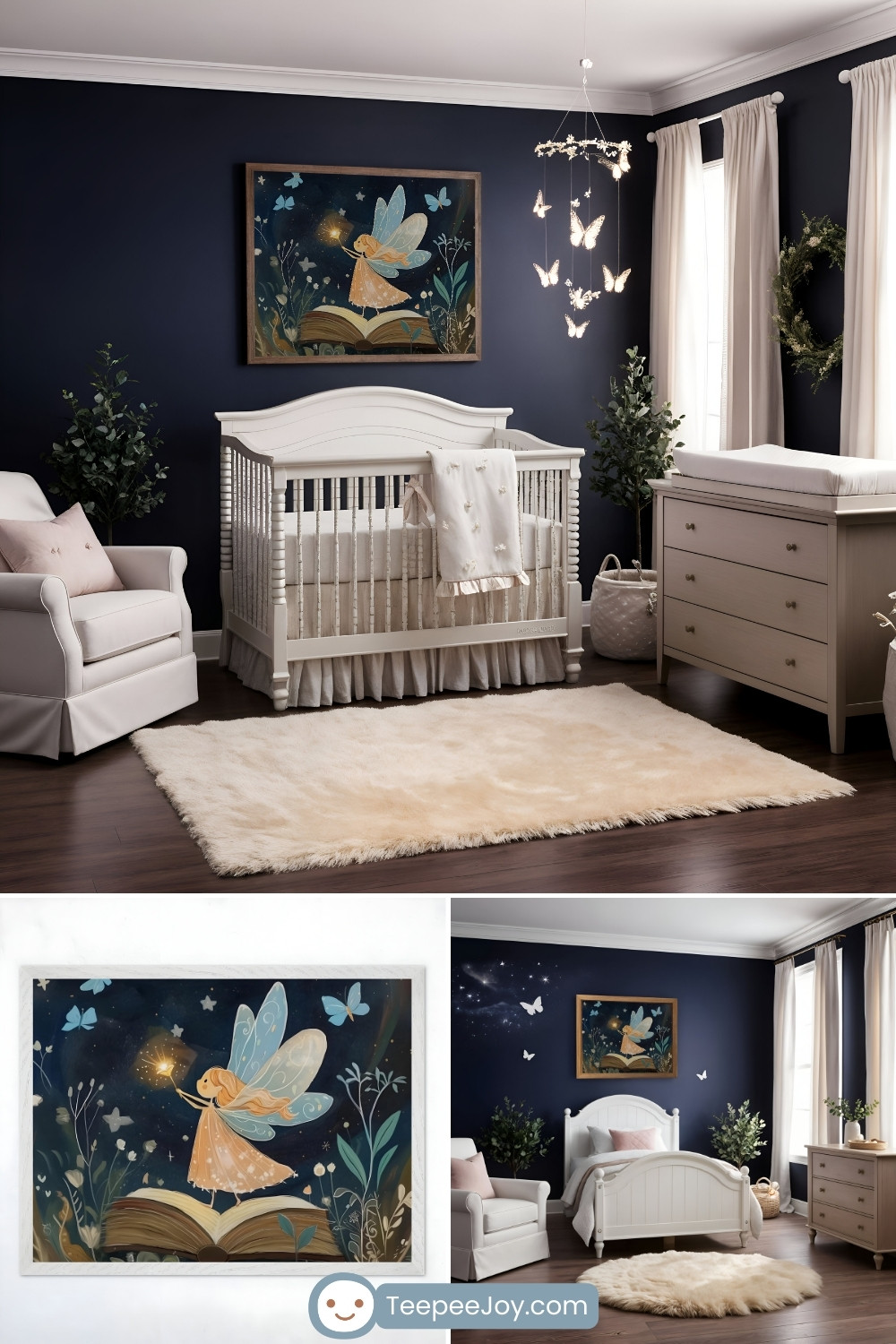 Serene fairy-themed nursery and bedroom with navy blue walls, white furniture, and delicate details. The crib and dresser are paired with a fluffy cream rug, a cozy armchair, and a whimsical butterfly mobile hanging above. A framed illustration of a blonde fairy with glittering wings standing on an open book, surrounded by glowing butterflies and flowers, adds charm and magic to the space. Soft natural light filters through white curtains, completing the tranquil atmosphere.