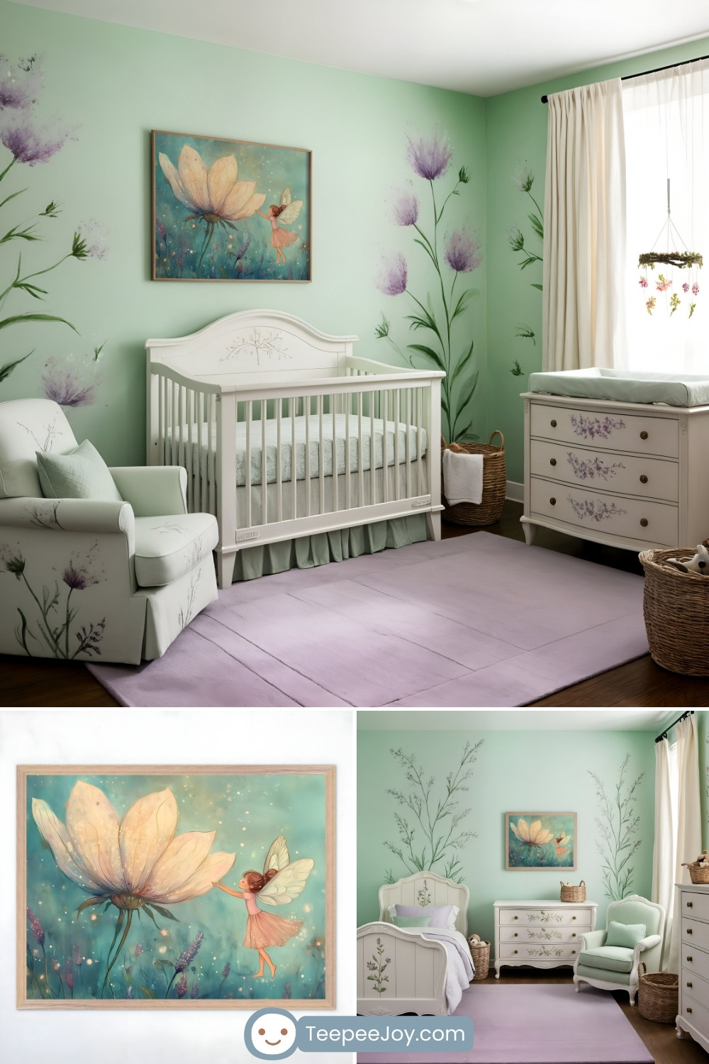 Delicate fairy-themed nursery featuring mint green walls adorned with painted lavender flowers and matching floral accents on white furniture. The space includes a crib, a dresser with a changing pad, and a rocking chair with botanical patterns, all set on a soft lavender rug. A charming artwork of a fairy touching a glowing flower enhances the magical theme, while natural light filters through cream curtains. Wicker baskets and a floral mobile add rustic charm to the serene environment.