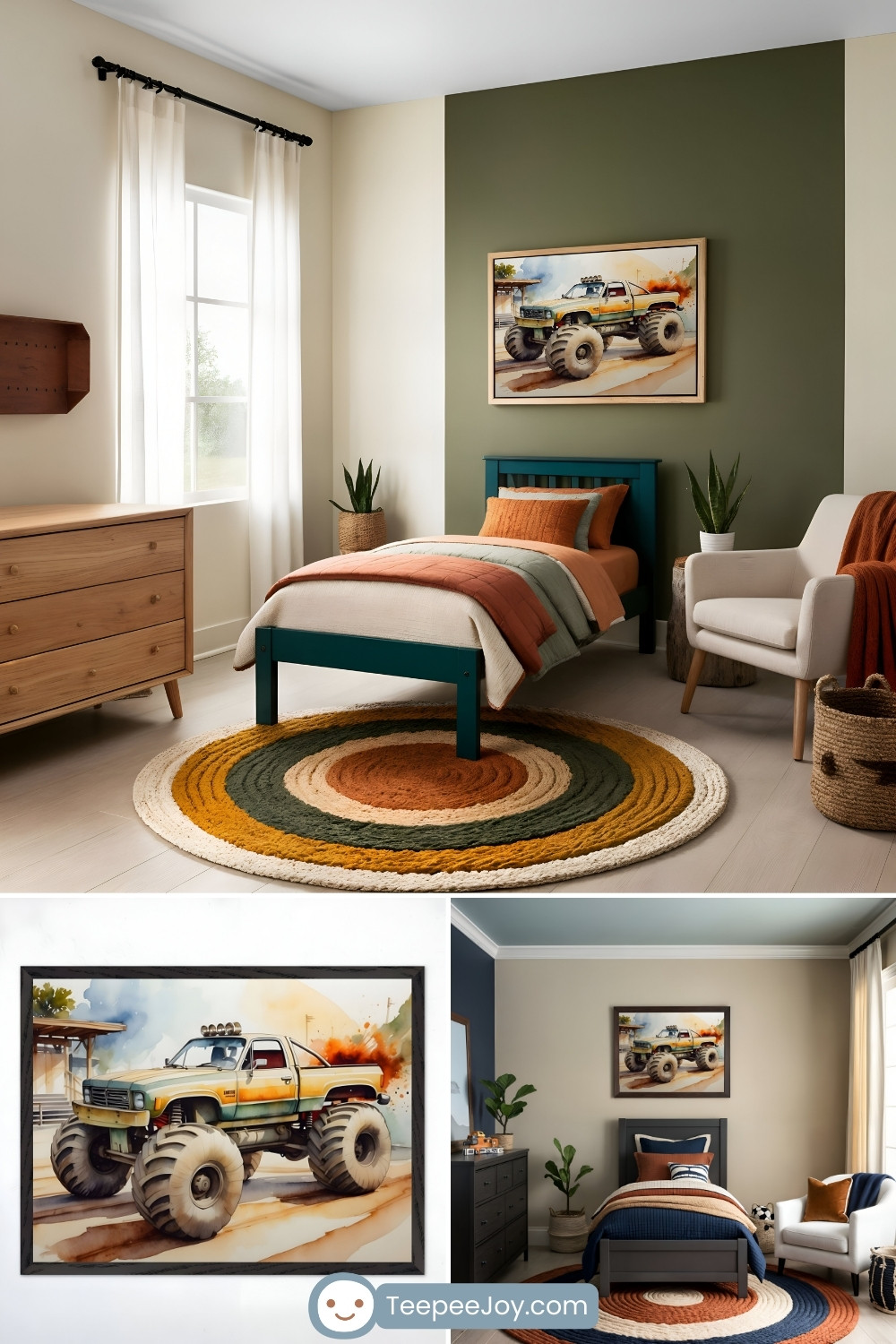 Cozy monster truck-themed bedroom featuring a deep green bed with earthy-toned bedding in rust, sage, and beige, accented by a burnt-orange throw blanket. Above the bed, a framed watercolor painting of a rugged green and orange monster truck speeding through a dusty scene adds a bold statement. The space is styled with a circular rug in warm green, mustard, and beige tones, a white armchair with coordinating pillows, wooden furniture, and woven baskets for a natural touch. Additional images show a close-up of the monster truck artwork and an alternate bedroom design with a similar adventurous theme.
