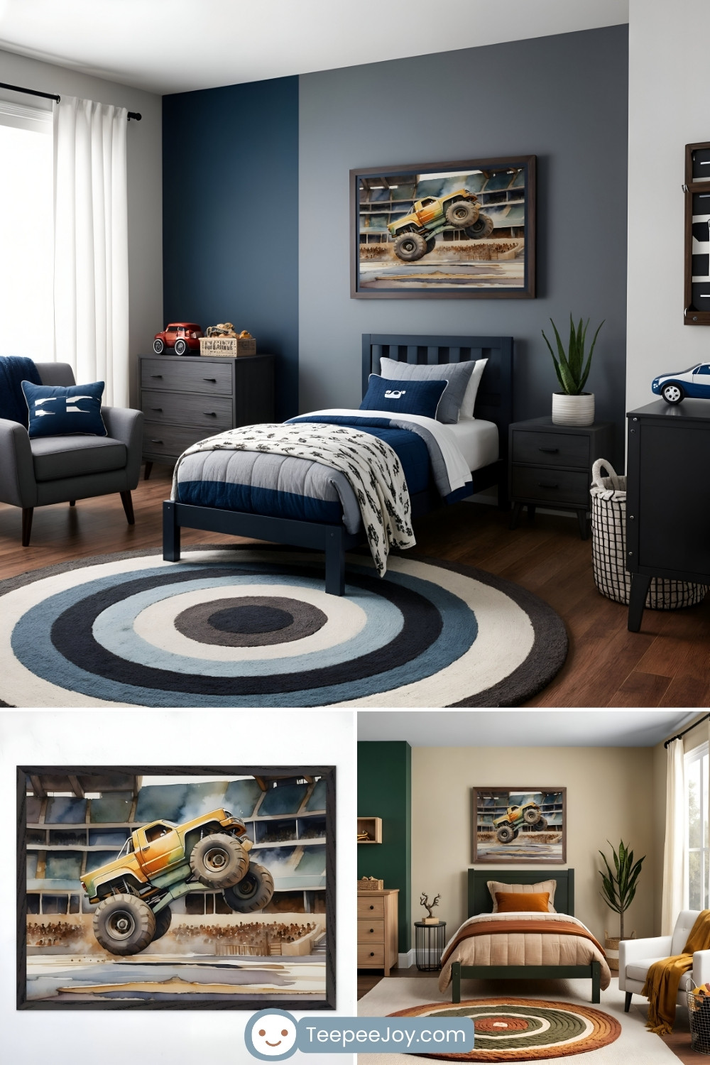 Sleek monster truck-themed bedroom featuring a navy blue bed with gray, white, and deep blue bedding, complemented by a soft fleece blanket with a car pattern. A framed watercolor artwork of a yellow and green monster truck soaring mid-air in an arena hangs on a dark blue accent wall. The room includes a circular rug in shades of blue, gray, and white, dark wood furniture, a plush armchair with a racing-inspired pillow, and small automotive-themed decor pieces. Additional images show a close-up of the monster truck artwork and an alternate bedroom setup with a similar theme in green and mustard tones.