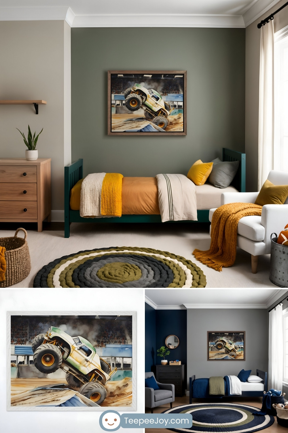 A stylish monster truck-themed bedroom featuring a deep green bed with mustard yellow, beige, and gray bedding, accented by a cozy yellow throw blanket. A framed watercolor painting of a green and white monster truck mid-jump in an arena hangs on the muted green accent wall. The room includes a circular rug in shades of olive, gray, and white, a white armchair with matching mustard pillows, a woven basket, and wooden furniture for a warm and natural aesthetic. Additional images showcase a close-up of the monster truck artwork and an alternate bedroom design with a similar adventurous theme in deep navy and gray tones.