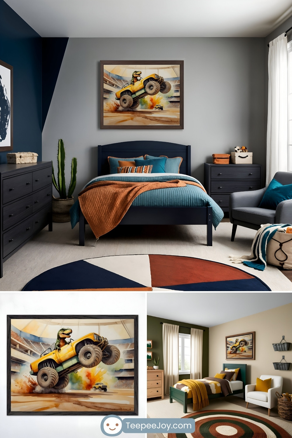 Bold monster truck-themed bedroom featuring a navy blue bed with teal, burnt orange, and beige bedding, accented by a textured throw blanket. A framed watercolor painting of a yellow monster truck driven by a fierce-looking dinosaur mid-air in an arena adds an adventurous touch above the bed. The room is styled with dark wood furniture, a geometric rug in navy, burnt orange, and beige tones, a cozy armchair with teal pillows, and woven storage baskets. Additional images showcase a close-up of the dinosaur monster truck artwork and an alternate bedroom setup with a similar theme in earthy green and mustard hues.