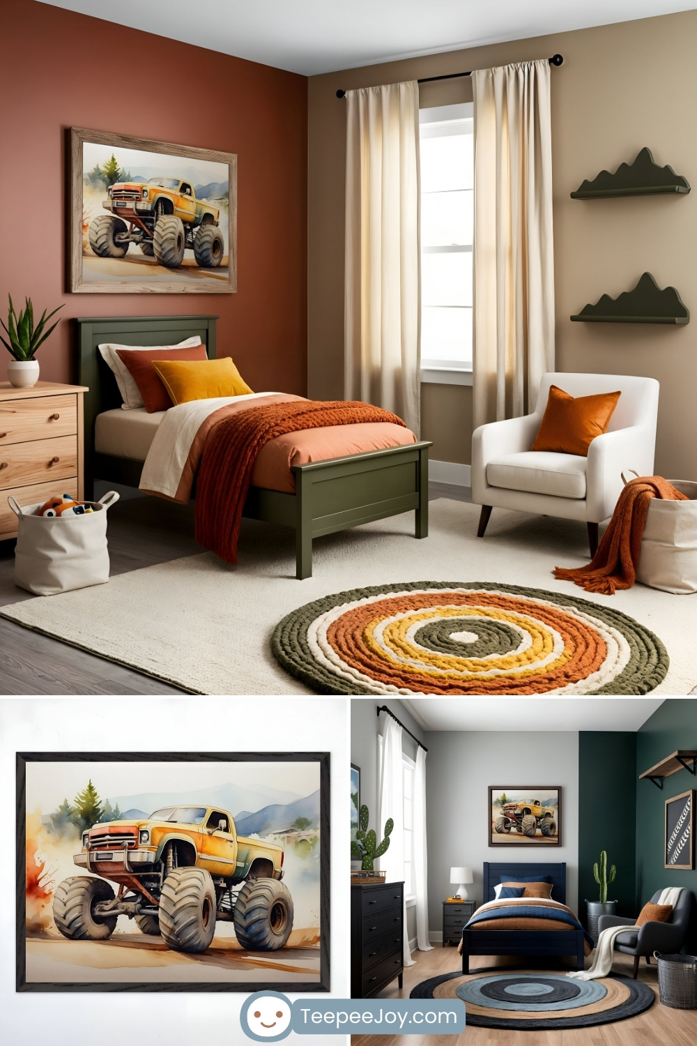 Warm and adventurous monster truck-themed bedroom featuring an olive green bed with rust, mustard, and beige bedding, complemented by a burnt-orange throw blanket. A framed watercolor painting of a yellow monster truck speeding through a dusty landscape with mountains in the background hangs on a terracotta accent wall. The room includes a circular rug in earthy green, orange, and beige tones, a cozy white armchair with a coordinating pillow, mountain-shaped wall shelves, and wooden furniture. Additional images showcase a close-up of the monster truck artwork and an alternate bedroom setup with a similar theme in deep navy and gray tones.