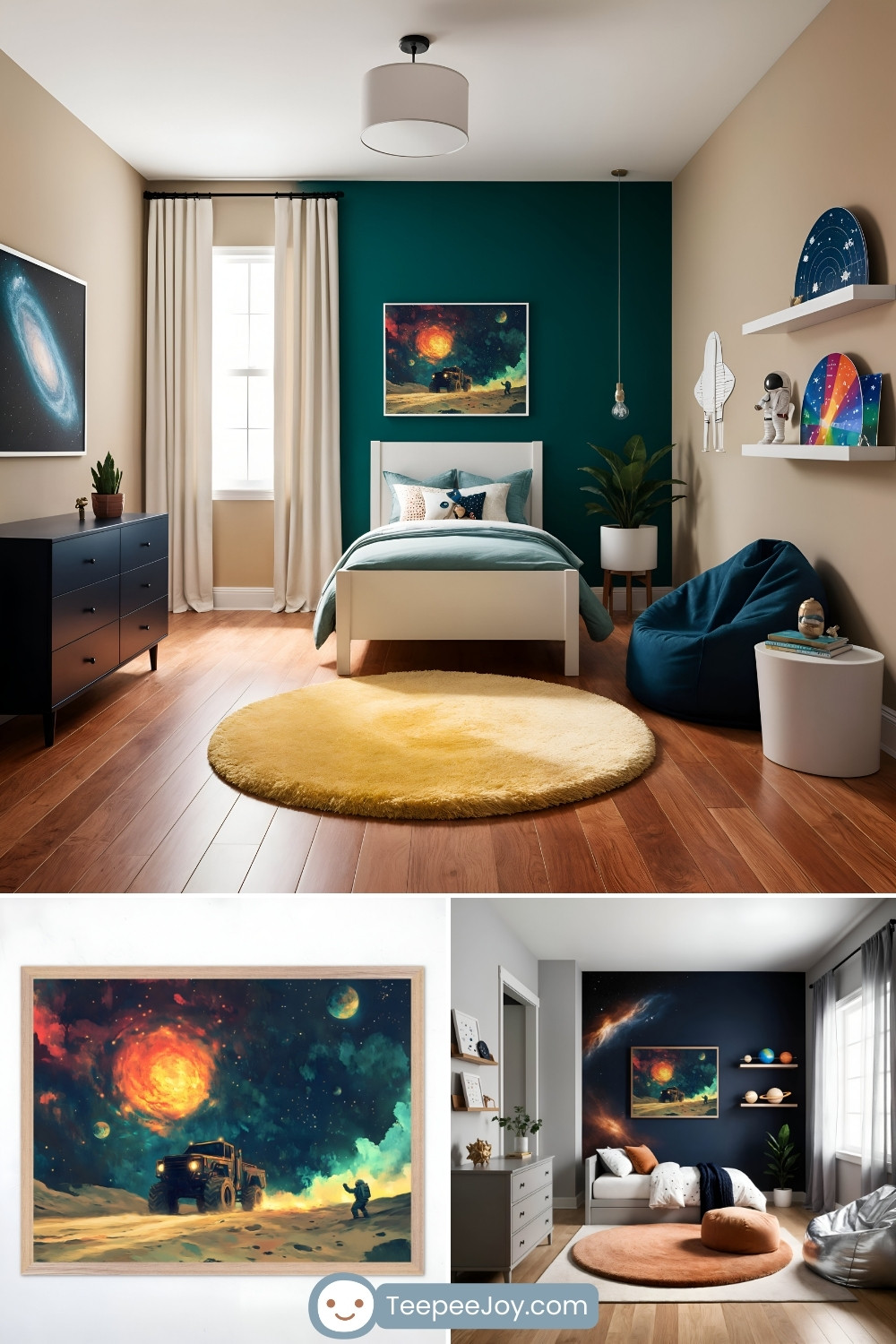 Space-themed children's bedroom featuring a teal accent wall, a white bed with blue bedding, and a large framed artwork depicting a monster truck on an alien planet under a glowing orange sun. The room has astronomy-inspired decor, including a galaxy print, an astronaut figurine, and a rocket wall decoration. A cozy seating area with a blue bean bag, white side table, and round yellow rug adds to the room's inviting atmosphere. The bottom section of the image showcases a close-up of the artwork and another bedroom with a similar cosmic theme.