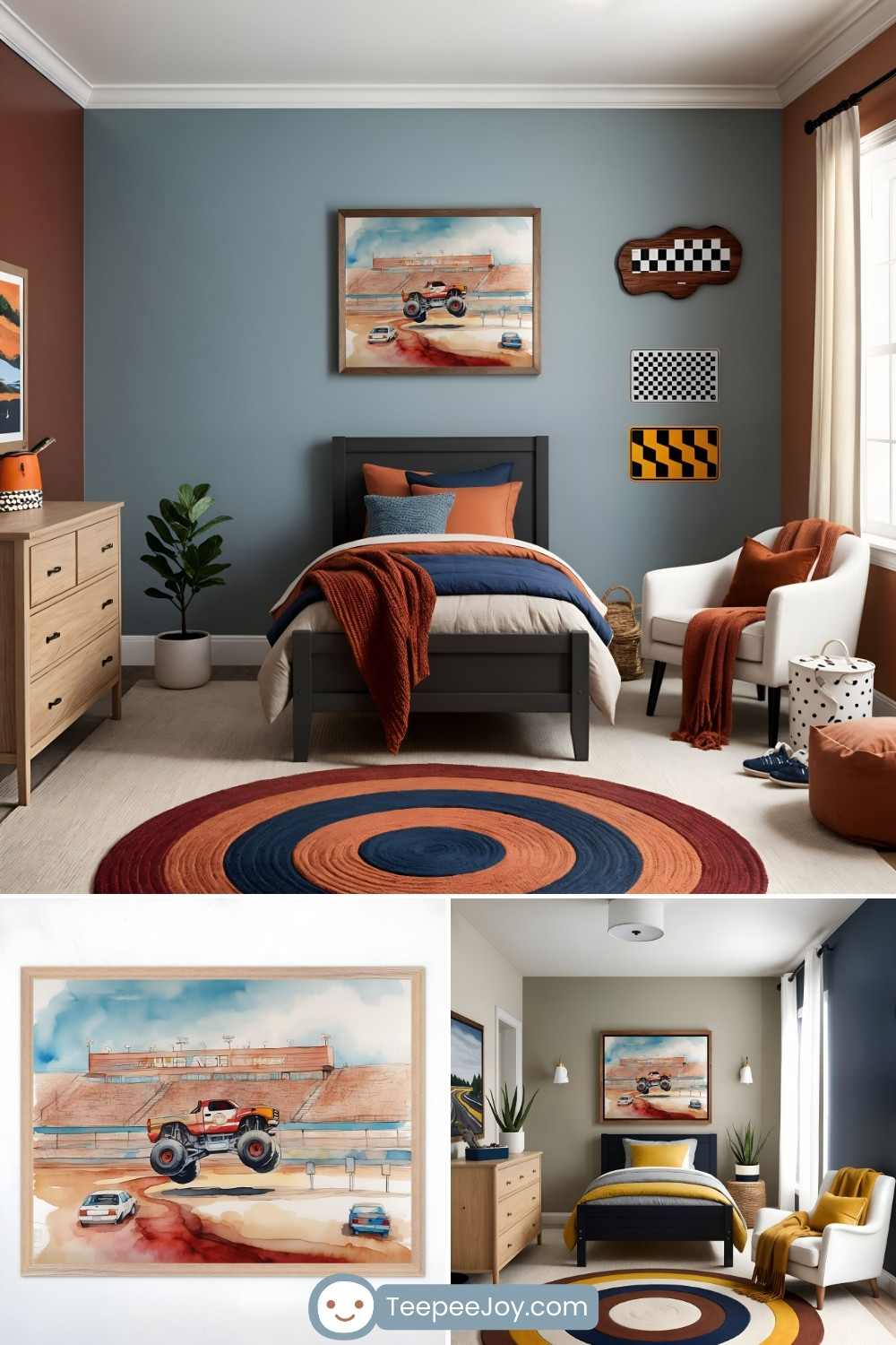 Stylish monster truck-themed bedroom featuring a gray bed with navy blue, orange, and beige bedding, complemented by a burnt-orange throw blanket. A framed watercolor artwork of a monster truck jumping over cars hangs on a muted blue accent wall, alongside racing-inspired decor like checkered and directional signs. The room has warm wood furniture, a circular rug in blue, orange, and red hues, and cozy touches like a white armchair with an orange throw, a potted plant, and a woven basket. Additional images showcase close-ups of the monster truck artwork and a similar bedroom design with different color accents.