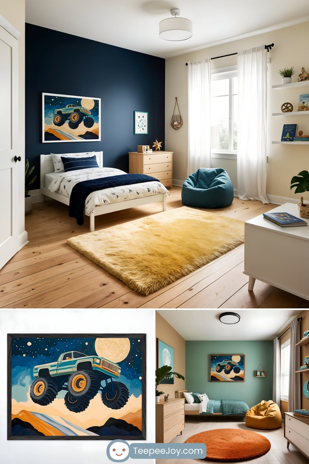 Children's bedroom with a navy blue accent wall featuring a framed artwork of a green monster truck soaring over a desert landscape beneath a large moon. The room has a white bed with patterned bedding, a wooden dresser, and cozy elements like a blue bean bag and a fluffy yellow rug. The lower part of the image showcases a close-up of the monster truck artwork and another bedroom with a similar theme, featuring a green accent wall, a low-profile bed, and coordinating truck-themed decor.