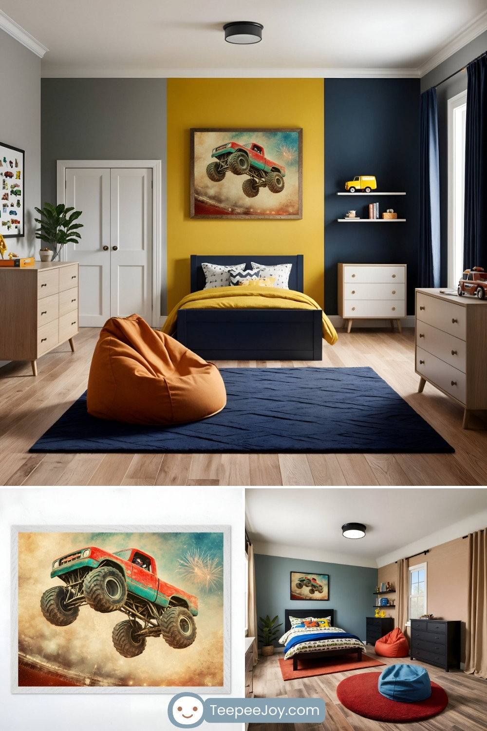Bold and energetic children's bedroom with a yellow and navy blue accent wall, featuring a framed artwork of a red and teal monster truck soaring through the air with fireworks in the background. The room includes a navy bed with yellow bedding, a dark blue rug, and an orange bean bag chair. The lower portion of the image highlights a close-up of the monster truck artwork and another similarly styled bedroom with a blue and beige color scheme, a matching monster truck print, and playful decor elements like a red bean bag and toy trucks.