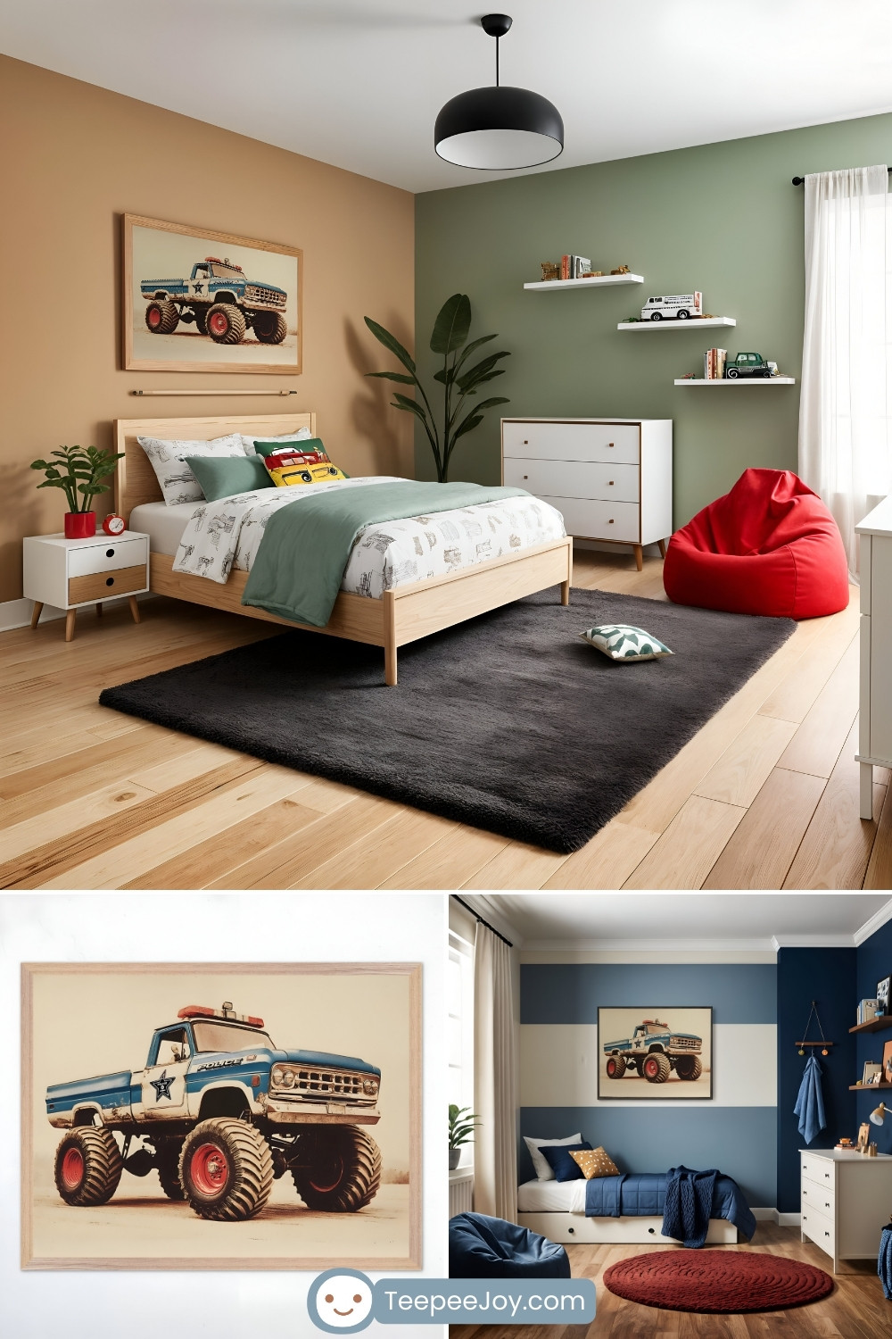 Stylish children's bedroom with a green and beige accent wall, featuring a framed artwork of a vintage police-themed monster truck with oversized tires and red rims. The room has a wooden bed with truck-patterned bedding, a sage green blanket, and a plush toy car. A black rug, red bean bag chair, and white furniture with floating shelves add to the modern yet playful aesthetic. The lower part of the image highlights a close-up of the monster truck artwork and another bedroom with a blue and white striped accent wall, a matching framed truck print, and cozy decor elements like a navy bean bag and a red circular rug.