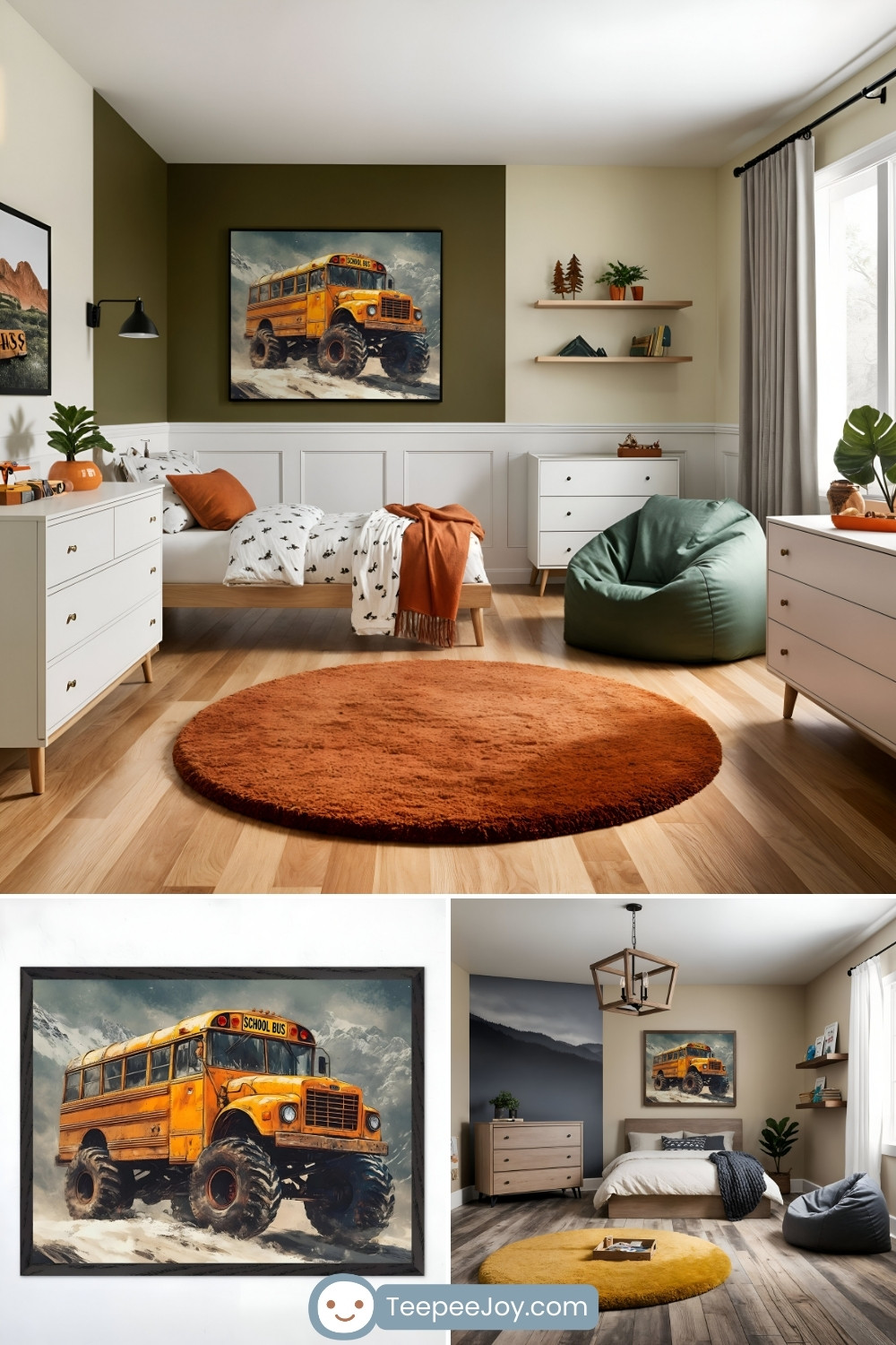 A cozy and adventure-inspired children's bedroom featuring a green and beige accent wall with a framed artwork of a rugged yellow school bus monster truck driving through a snowy landscape. The room includes a wooden bed with nature-themed bedding, an orange throw blanket, and a mix of white and wooden furniture. A round orange rug and a green bean bag chair complement the earthy color palette. The lower section of the image showcases a close-up of the school bus monster truck artwork and another similarly styled bedroom with a nature-themed wall mural, a wooden bed, and warm-toned decor.