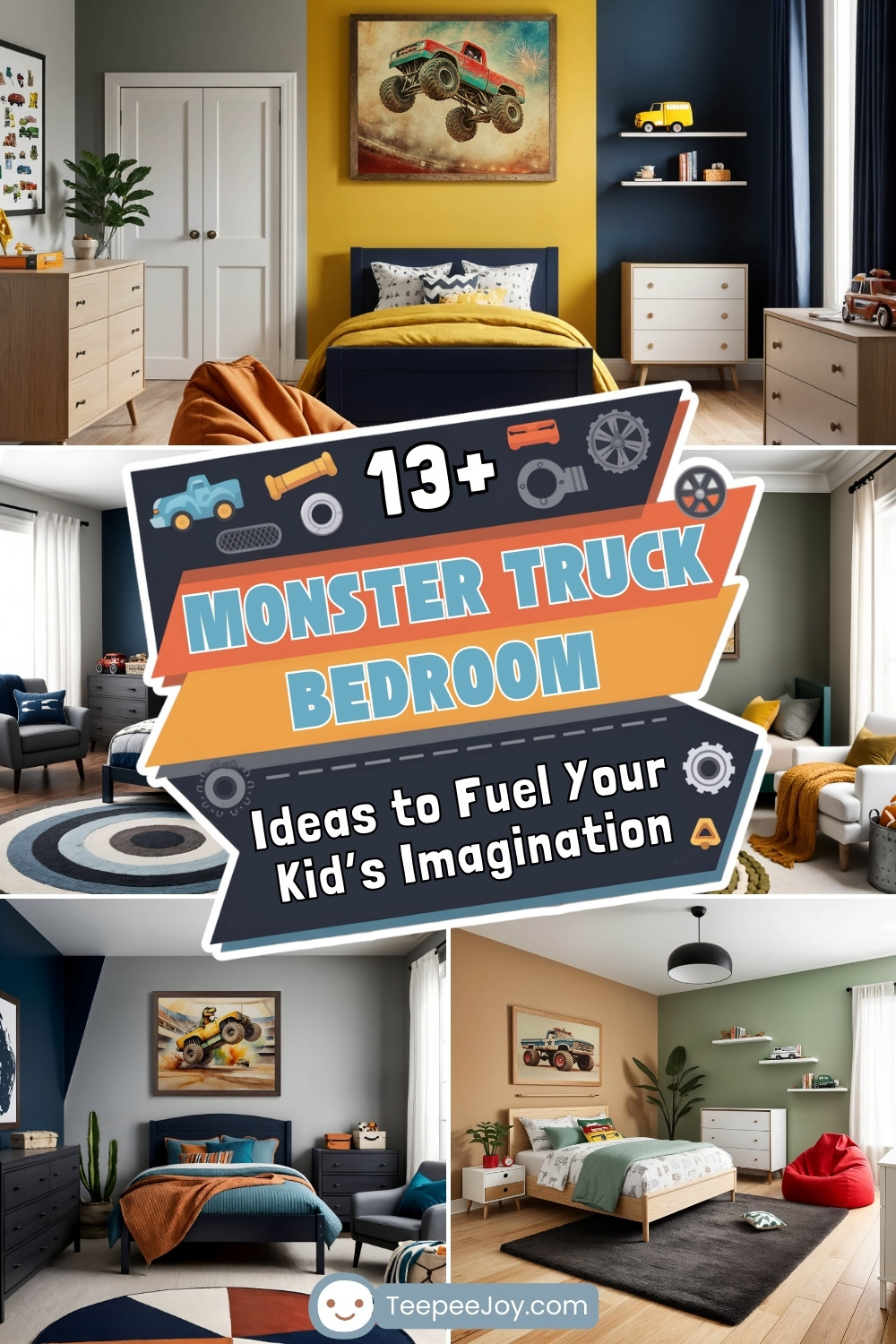 A collage-style image featuring multiple monster truck-themed children's bedrooms with various color schemes and decor styles. The central focus is a bold graphic overlay with the text '13+ Monster Truck Bedroom Ideas to Fuel Your Kid’s Imagination,' designed with car parts and tire-inspired elements. Surrounding the text are images of different bedroom setups, including beds with themed bedding, framed monster truck artwork, colorful rugs, and playful decor. The design highlights a mix of modern, rustic, and adventure-inspired interiors.