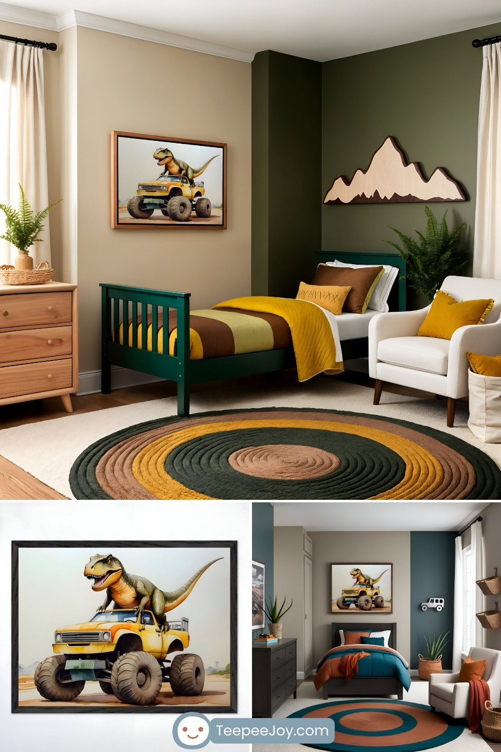 Dinosaur-themed bedroom featuring a deep green bed with mustard yellow, brown, and olive bedding, accented by a cozy yellow throw blanket. A framed artwork above the bed showcases a T-Rex riding a lifted yellow monster truck, adding a playful and adventurous touch. The space includes a circular rug in earthy green, brown, and mustard hues, a white armchair with matching pillows, wooden mountain wall decor, and warm wood furniture. Additional images provide a close-up of the dinosaur truck artwork and an alternate bedroom setup with a similar theme.