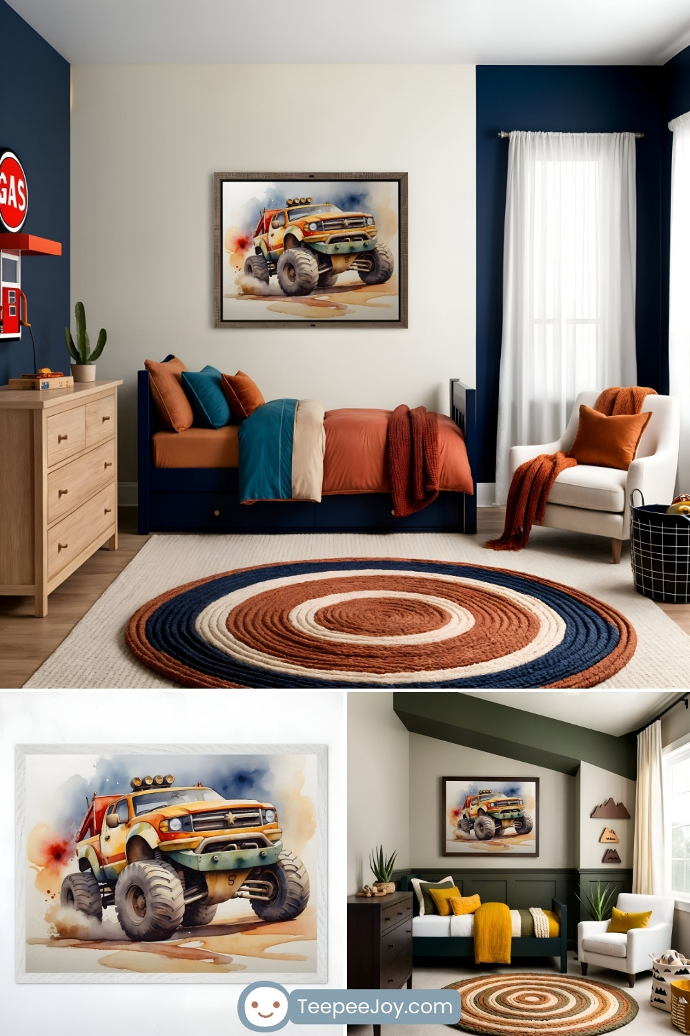 Bold and adventurous monster truck-themed bedroom featuring a navy blue bed with orange, teal, and beige bedding, accented by a textured burnt-orange throw blanket. Above the bed hangs a framed watercolor painting of a rugged yellow monster truck kicking up dust, complementing the room’s racing-inspired decor, which includes a vintage gas station sign. The space is completed with a circular rug in navy, burnt orange, and beige tones, a white armchair with coordinating pillows, and wooden furniture. Additional images provide a close-up of the monster truck artwork and an alternate bedroom design with a similar theme in earthy green and mustard tones.