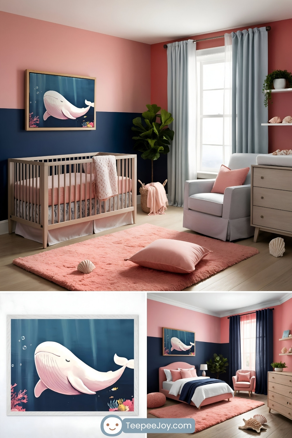 Playful ocean-themed nursery with pink and navy walls, a natural wood crib with soft pink bedding, and a cozy armchair with a pink pillow. A framed artwork of a smiling pink whale surrounded by coral and bubbles hangs above the crib. A close-up of the whale artwork and a matching bedroom with a bed, coral rug, and navy curtains complete the scene.