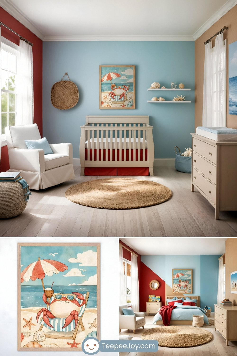 Cheerful ocean-themed nursery with light blue and red walls, a white crib with red bedding, a cozy armchair with a blue pillow, and a round jute rug. A playful artwork of a smiling crab lounging on a beach chair under an umbrella, holding a drink, hangs above the crib. The close-up highlights the crab illustration, with a matching bedroom featuring a bed with red and blue bedding, and nautical decor.
