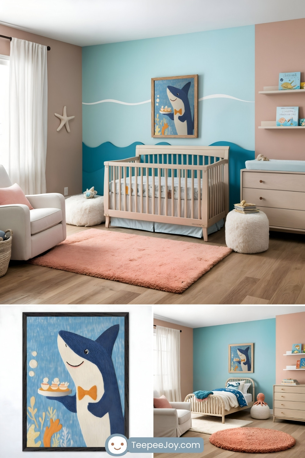 Ocean-themed nursery with light blue and beige walls, a wave mural, a natural wood crib, and a soft coral rug. A whimsical artwork of a smiling shark wearing a bow tie and holding a tray of cupcakes hangs above the crib. A close-up highlights the playful shark illustration, with a matching bedroom featuring a bed, coral rug, and ocean-inspired decor.