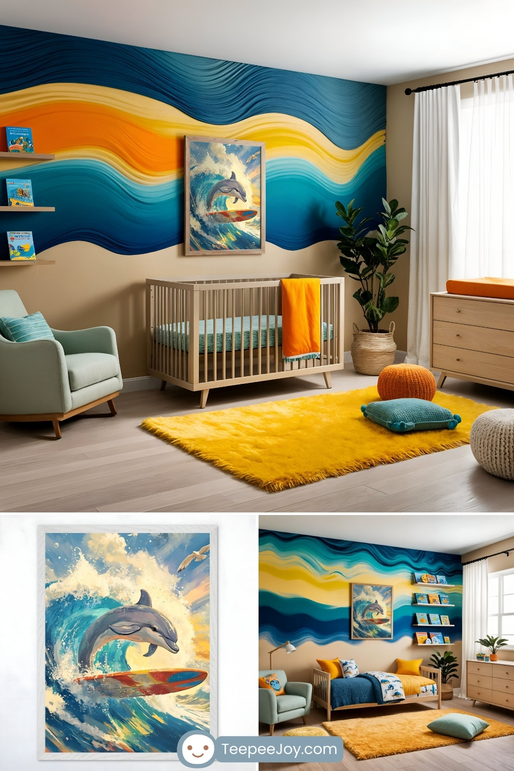 Vibrant ocean-themed nursery with a bold wave mural in shades of blue, yellow, and orange, a natural wood crib with teal and orange bedding, and a bright yellow rug. A playful painting of a dolphin surfing a wave hangs above the crib. A close-up highlights the dolphin artwork, with a matching bedroom featuring a bed, colorful pillows, and ocean-inspired decor.