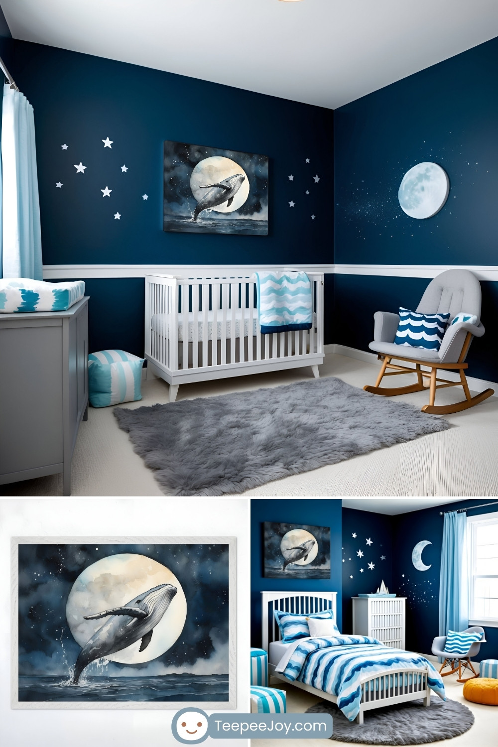Serene ocean-themed nursery with deep navy walls, star and moon decals, a white crib, and a soft gray rug. A stunning painting of a whale breaching under a full moon hangs above the crib. A close-up highlights the detailed whale artwork, with a matching bedroom featuring a bed with blue wave-patterned bedding and celestial decor.