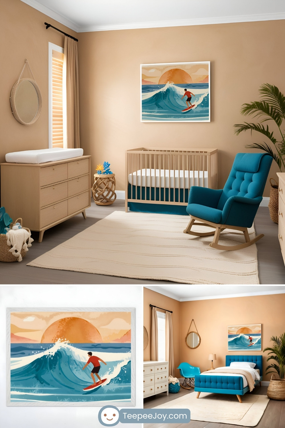 Modern ocean-themed nursery with warm beige walls, a natural wood crib with teal bedding, and a bold teal rocking chair. A minimalist artwork of a surfer riding a wave at sunset hangs above the crib. A close-up showcases the surfer illustration, with a matching bedroom featuring a teal bed, neutral decor, and beach-inspired elements.