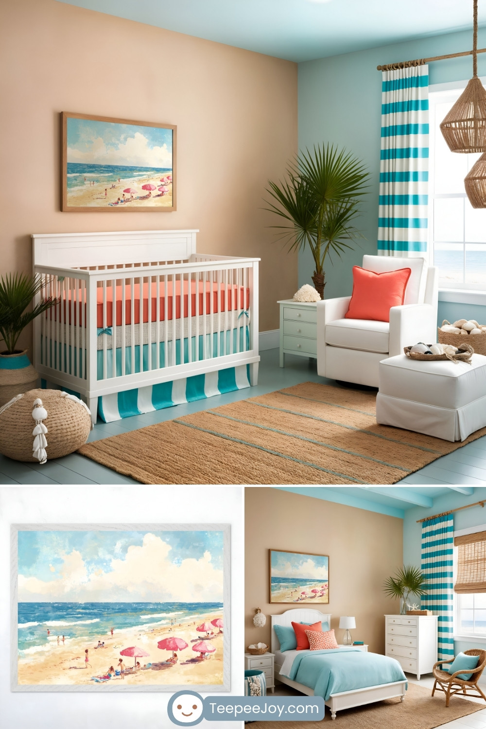 Coastal-themed nursery and bedroom with a white crib, coral and turquoise bedding, a white armchair with a coral pillow, and a beach painting featuring pink umbrellas. The room has light blue walls, striped curtains, woven rugs, and potted plants, creating a serene, ocean-inspired atmosphere. The painting is also shown close-up, depicting a lively beach scene with people and waves.