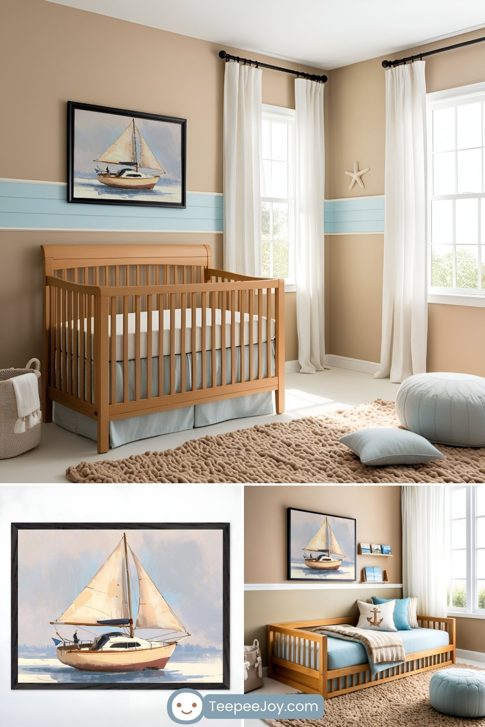Nautical-themed nursery with beige walls, a light blue accent stripe, a natural wood crib, and a textured beige rug. A framed painting of a sailboat on calm waters hangs above the crib. A close-up showcases the sailboat artwork, with a matching bedroom featuring a wooden daybed, coastal decor, and soft blue and beige accents.